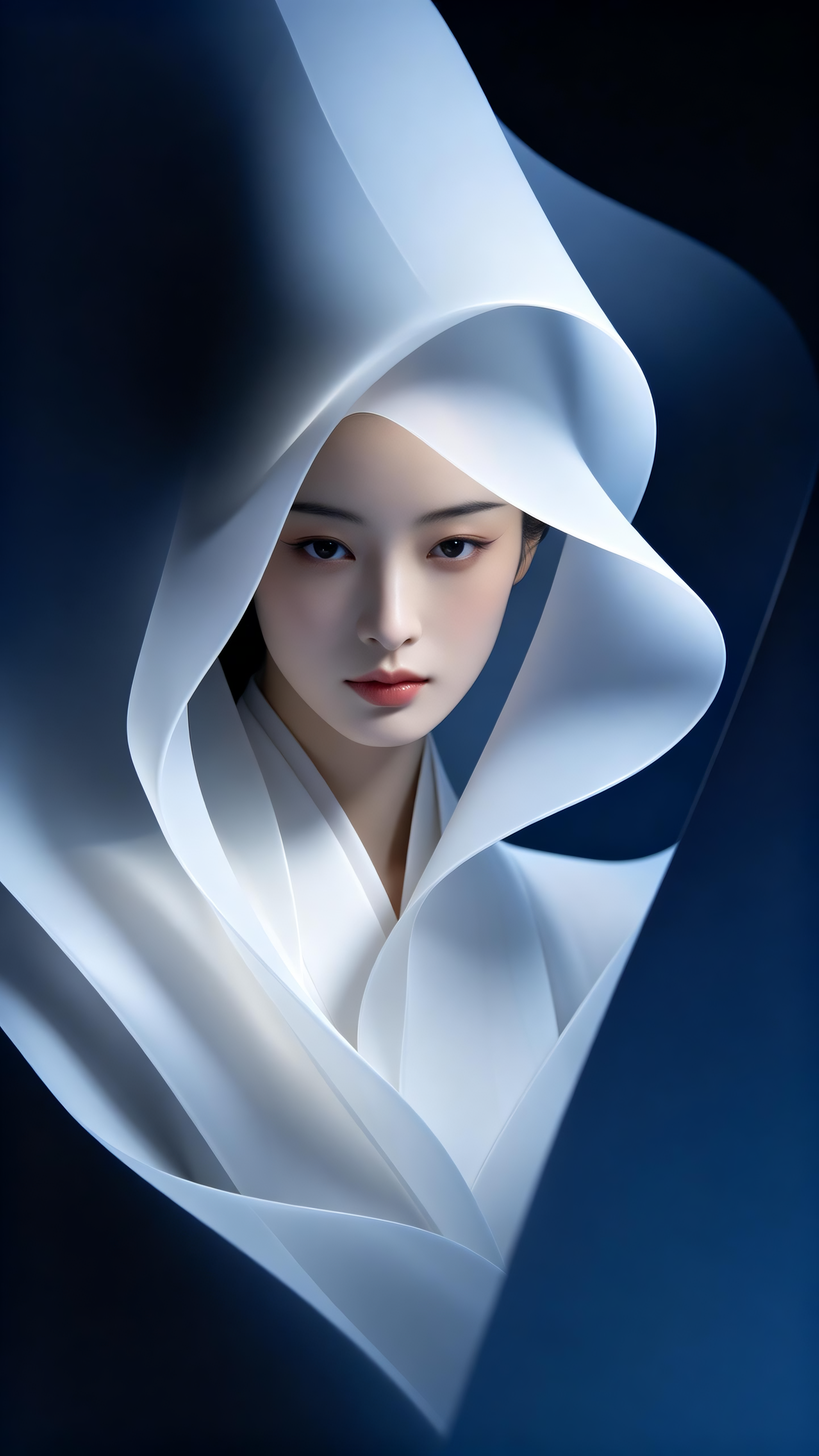 Armin Hofmann风格，一幅超高清的特写画面：在极度深蓝的背景里，形象酷似林黛玉般的柔弱，身着清初夸张抽象变形的东方神秘白纱衣，从黑暗中窥视着世界。高品质细节，超精细，高分辨率，最佳品质，C4D，32K壁纸 色… - AI提示词参考图，来自西西提示词
