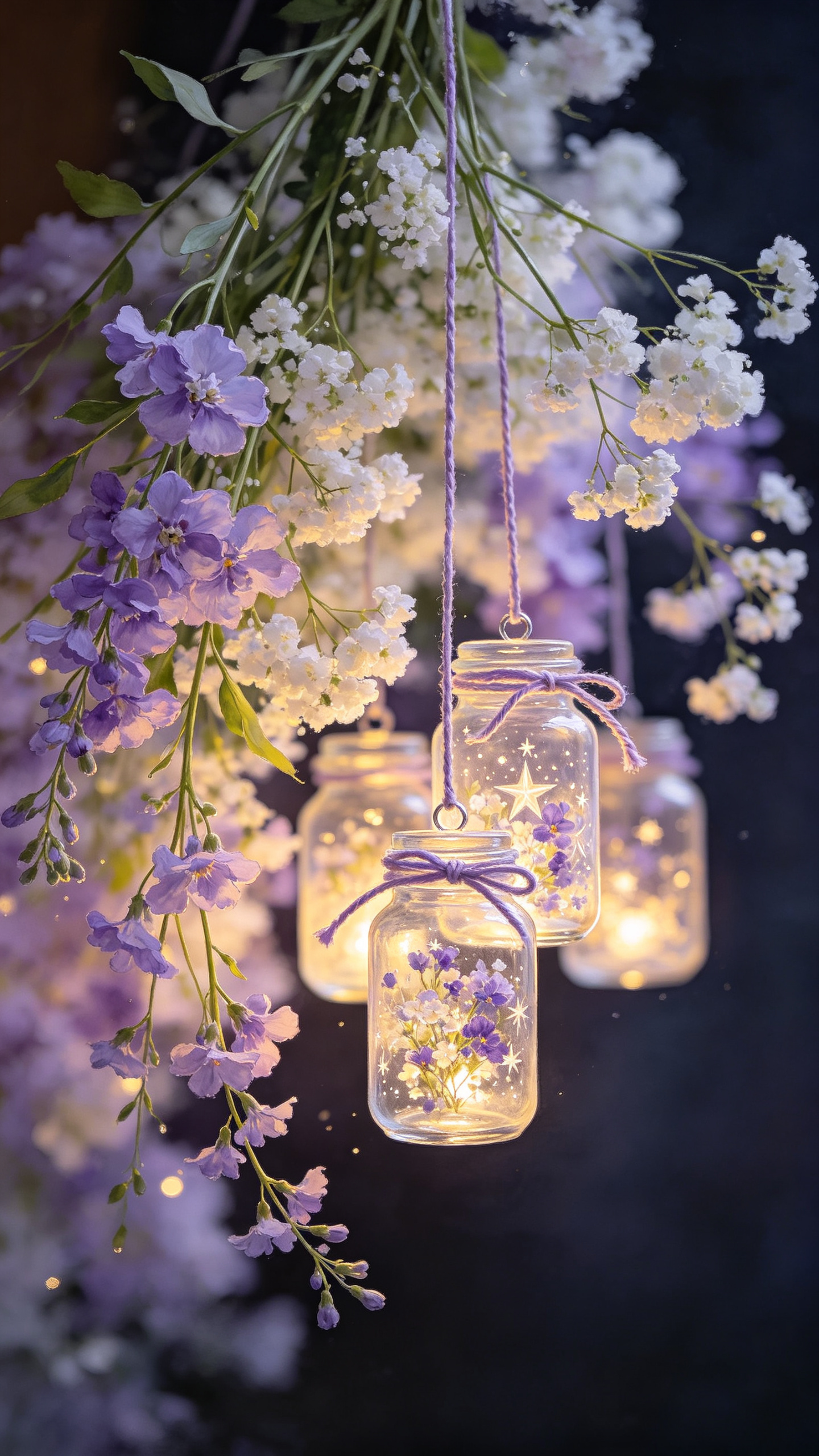水彩画，画面主题：夜间悬挂的勿忘我与满天星花束，搭配发光玻璃罐挂饰 核心视觉： 整体场景为暗色调，仅由几个迷你透明玻璃罐发出柔和暖光，在黑暗中营造出温暖、静谧的氛围。光线透过玻璃罐的星纹，在花束与背景上投下细碎光斑。 … - AI提示词参考图，来自西西提示词
