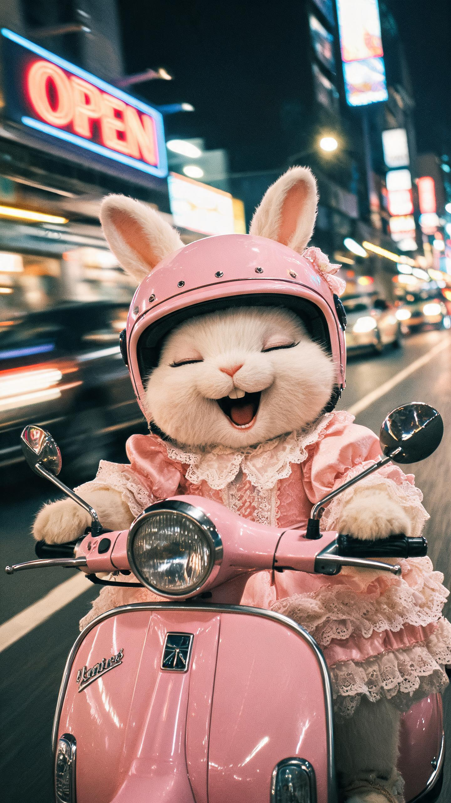 夜晚城市街道上，一只穿粉色洛丽塔裙、戴粉色头盔的兔兔驾驶粉色复古小摩托疾驰，闭眼张嘴唱歌。兔子面部表情特写，摄影小品，画面真实写实，胶片机拍摄效果 - AI提示词参考图，来自西西提示词