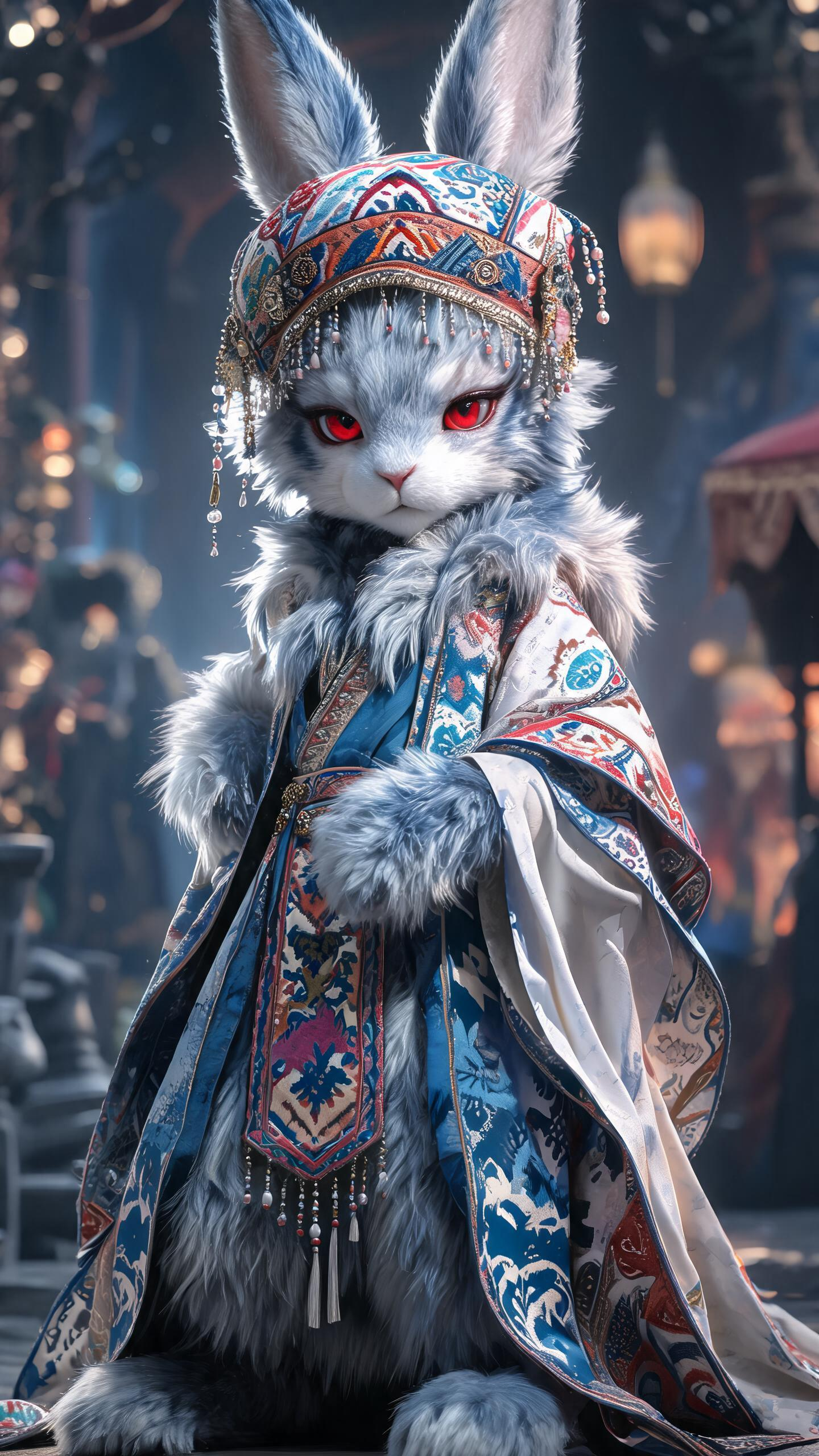 插画风格特效，古风，动漫风，3D，大师作品，超高清，动态，一只超萌的贱兔作男妖仔，蓝色灰白相间的毛发，全身毛茸茸的，帽子，华丽，新疆民族风格，神秘仪式氛围，笔触，线条清晰，强烈的明暗对比，超高清，垂坠感，清冷感，身体全… - AI提示词参考图，来自西西提示词