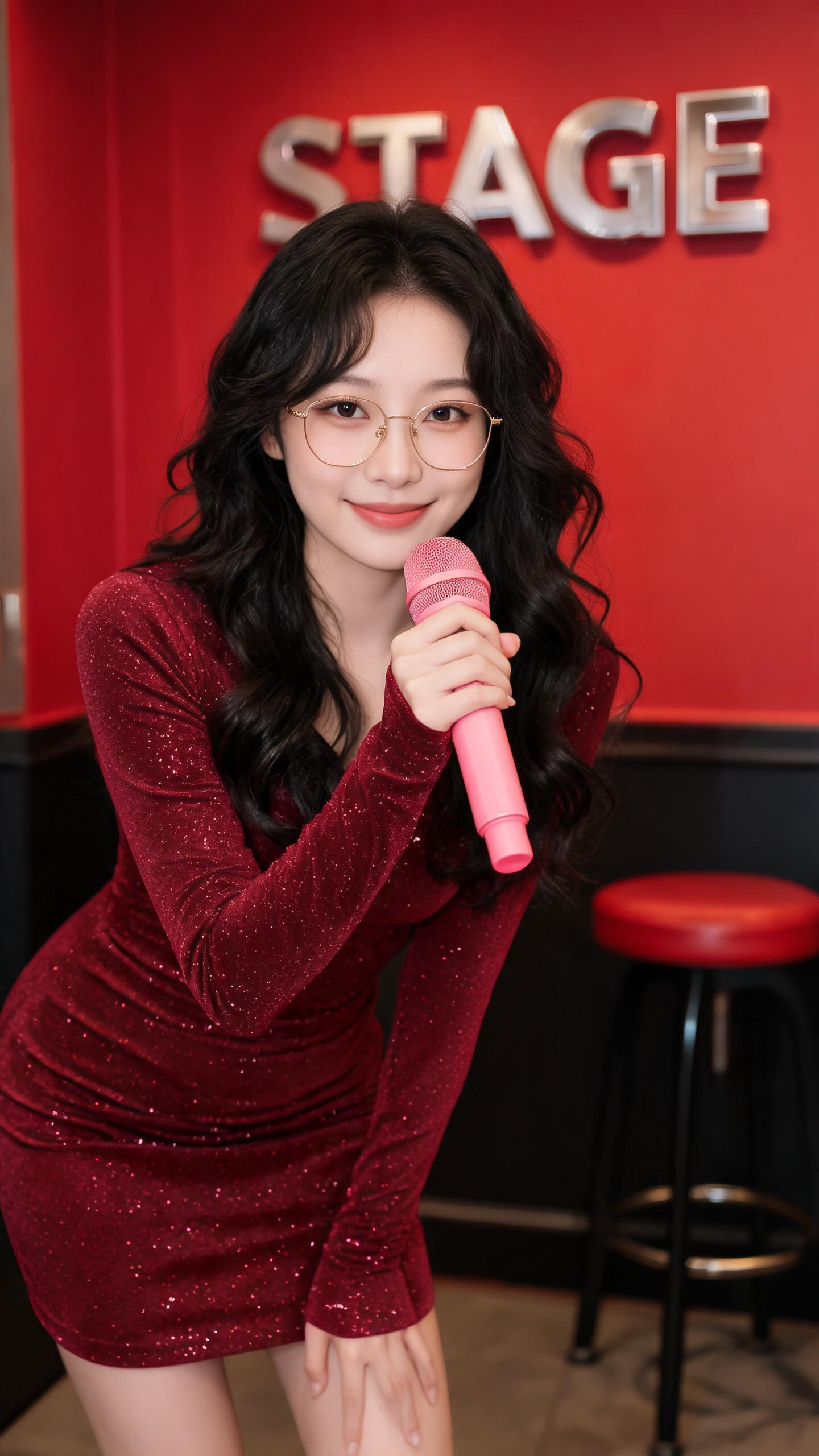 东亚年轻女性，黑色大波浪卷发，细框金丝眼镜，酒红色闪料长袖修身包臀连衣裙，手持粉红色手持麦克风，身体微微前倾，正对镜头微笑，红色主题室内背景墙，墙面立体金属字母标识，红色圆形高脚凳，室内环境光，氛围感人像，中景取景，索… - AI提示词参考图，来自西西提示词