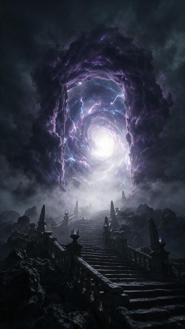 暗黑系，一个非常巨大的看不清的没有门框的时空之门，闪电星云漩涡，大仰视，游戏感，强烈透视，震撼视觉，ue5渲染，高空台阶上小小的人，史诗感，黑色风格，诺兰电影色调，浓雾，弥散，艰难打开，强烈光线一线天，逆光 - AI提示词参考图，来自西西提示词