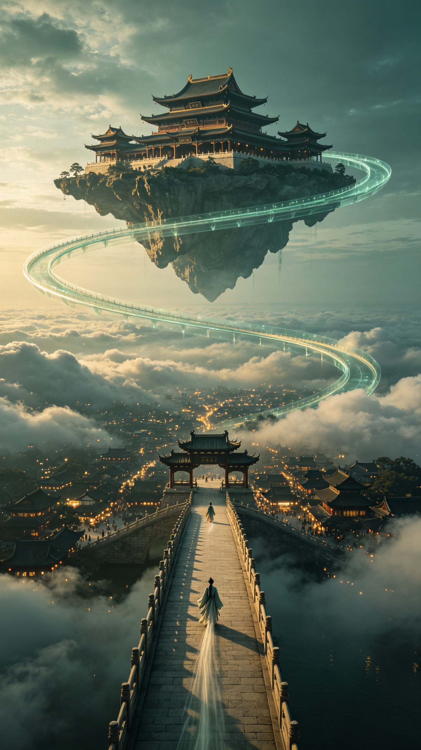 浩瀚的天边一条中式悬浮半透明带状桥，围绕着天际的一个巨大的巨形宫殿的一边，宫殿是悬浮在天际，前景是从上到下俯视的巨大的中式断桥的，桥上一个长拖尾的古风人物行走，中景是云层下极繁的人间，有灯火，科幻+古风的超现实创作风格… - AI提示词参考图，来自西西提示词