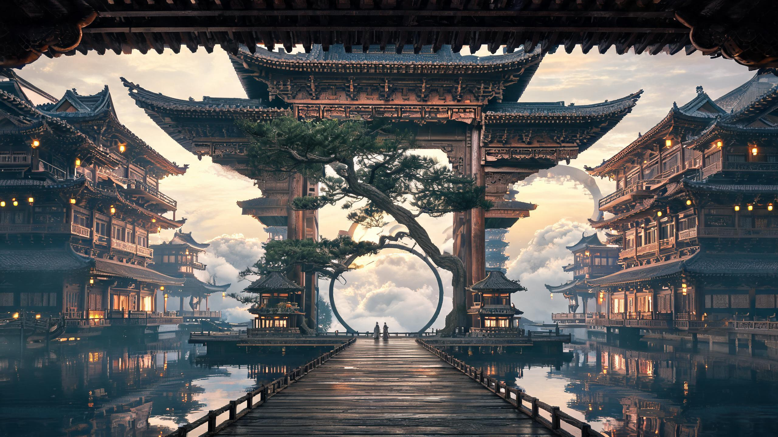 以参考图为构图锚点，生成同款东方仙侠天宫画面：前景保留深色古建筑屋檐作为天然上遮幅，画面中心是一个巨大完整的古风排楼，排楼内有一棵苍劲古松横向穿过，松枝占据楼洞中央并向两侧伸展；月拱门后方是翻涌云海和远处暖金色天空，左… - AI提示词参考图，来自西西提示词