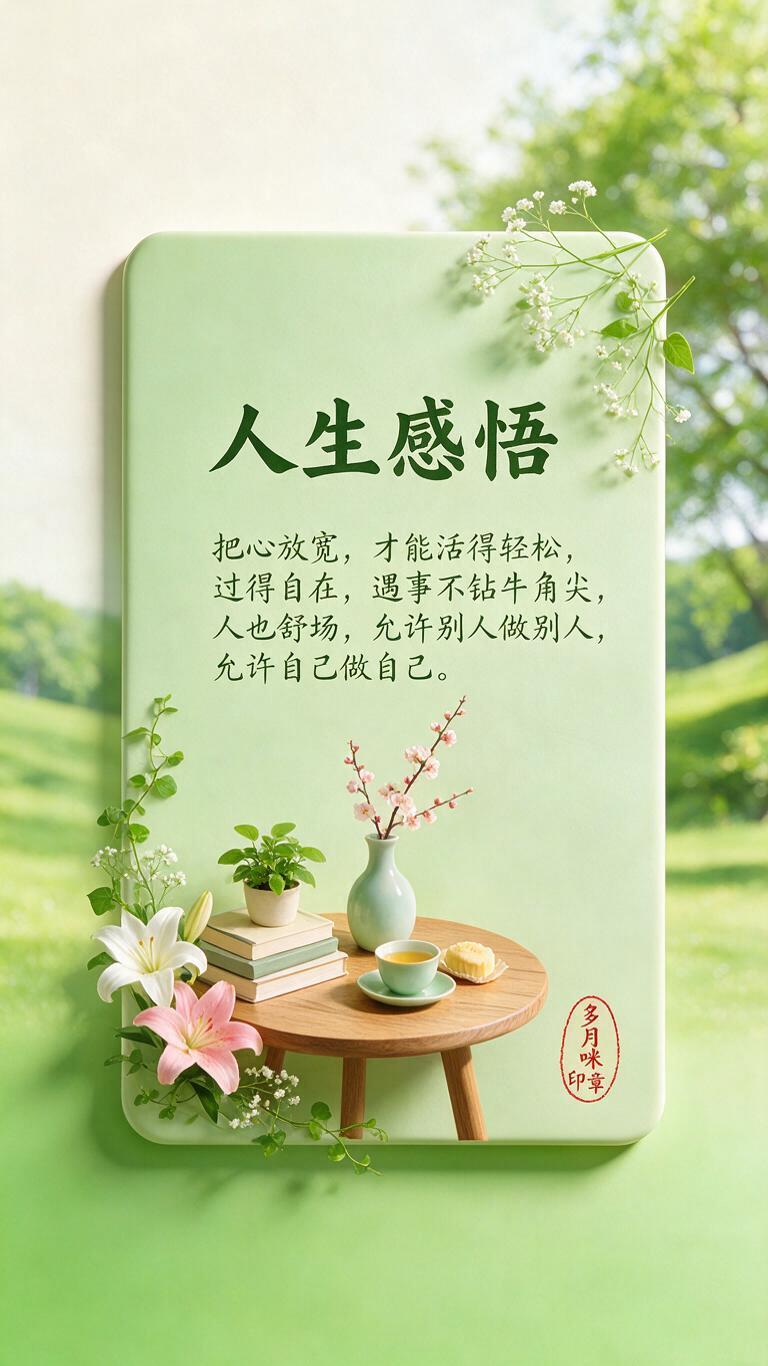 白渐变浅明亮绿背景，巨宽大的3D立体带阴影淡淡绿长方型卡片，卡片右上角几枝满天星下垂，左下角有几朵白，粉，百合花和绿满天星腾曼，简约风格，日常温馨治愈中间3D视角一个圆形的小书桌上放着书，绿植和插着梅花的花瓶，茶杯，小… - AI提示词参考图，来自西西提示词