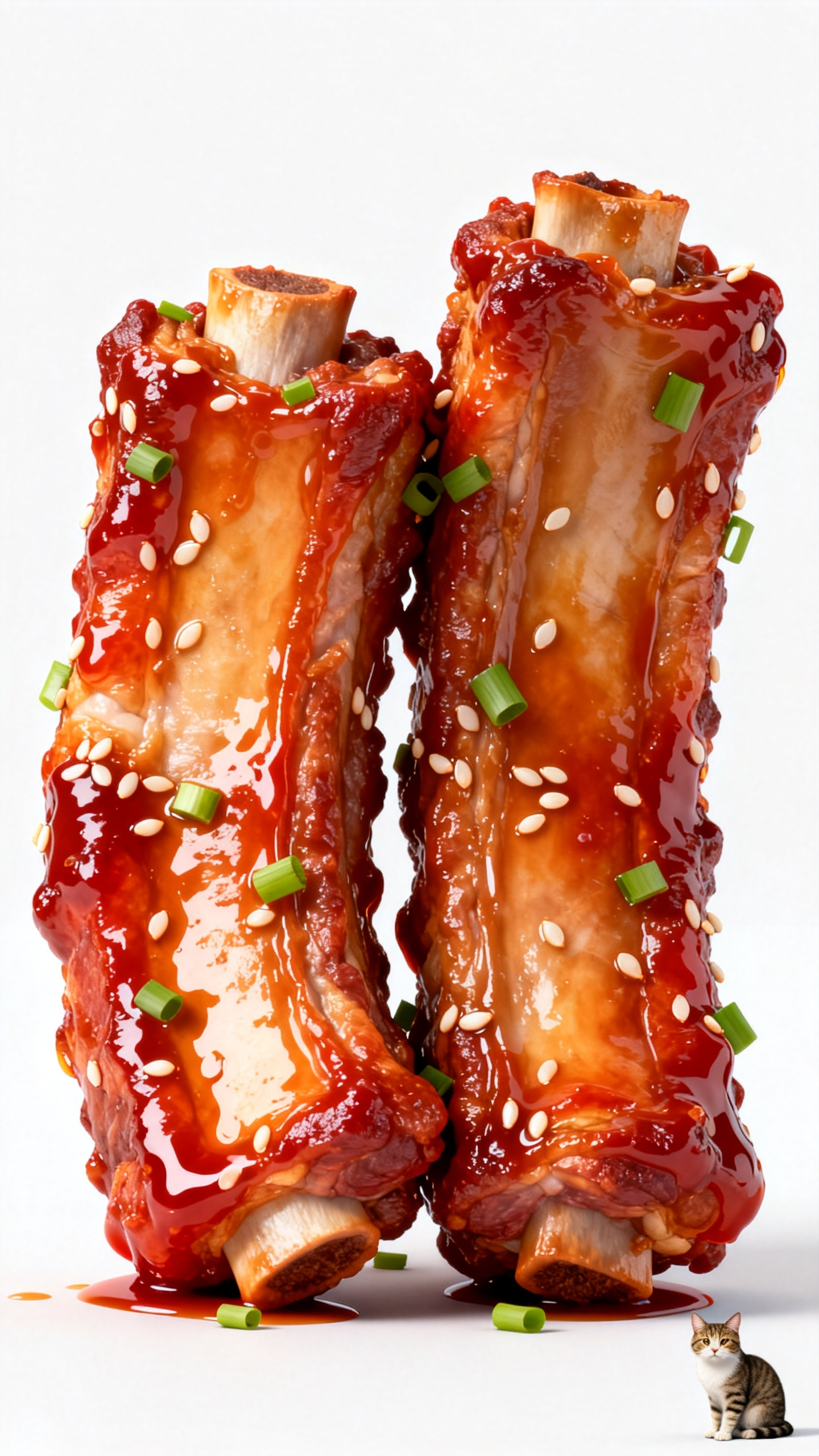 世界微距静物摄影大师杰作,商业美食摄影,袁明辉 的风格,四周大面积留白,居中两根糖醋排骨互挽站立色泽鲜亮的特写,白底,逼真美食插画,两根肥厚的糖醋排骨,油亮的肉质泛着酱红色焦糖色酱汁光泽,皮上撒落零星葱花和白芝麻,肉质… - AI prompt reference from CC Prompt Galaxy