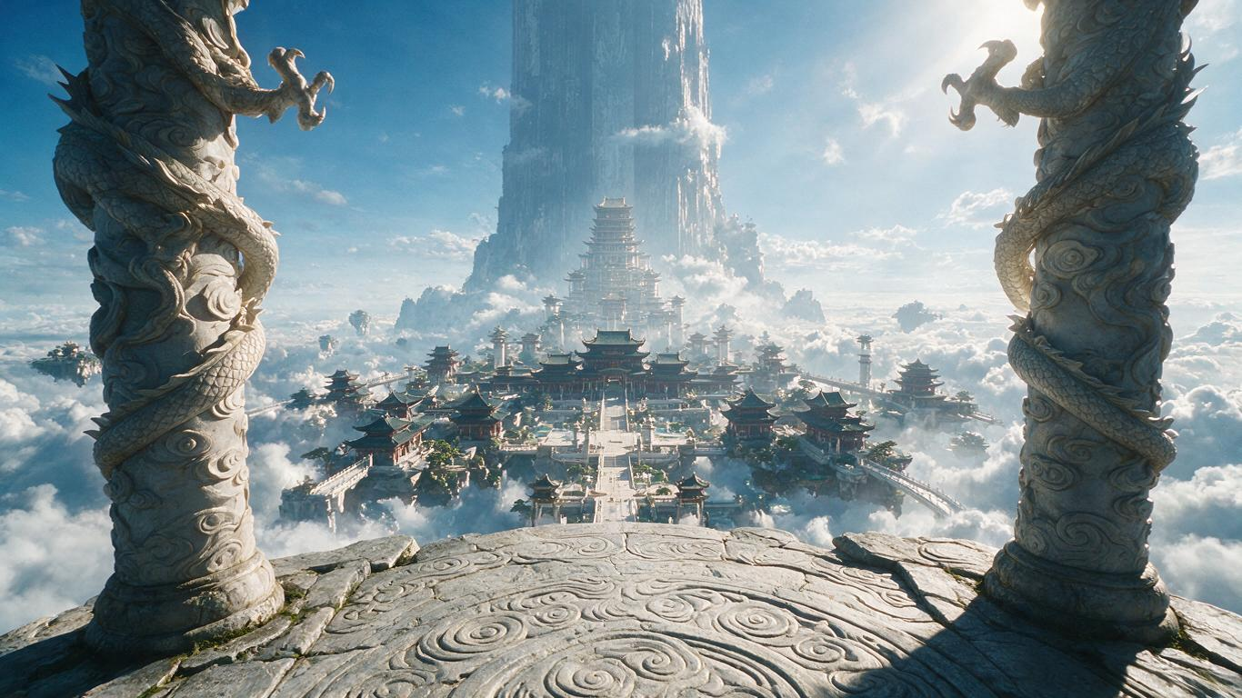 16:9宽幅，8K，超写实电影VFX，东方玄幻质感。14mm超广角，站在南天门汉白玉云台边缘向外俯瞰。 前景脚下是巨大的汉白玉云台石面，刻满云雷纹，边缘磨损带青苔。左右两侧压入南天门巨型神柱根部——柱身宽如城墙，盘龙石… - AI提示词参考图，来自西西提示词
