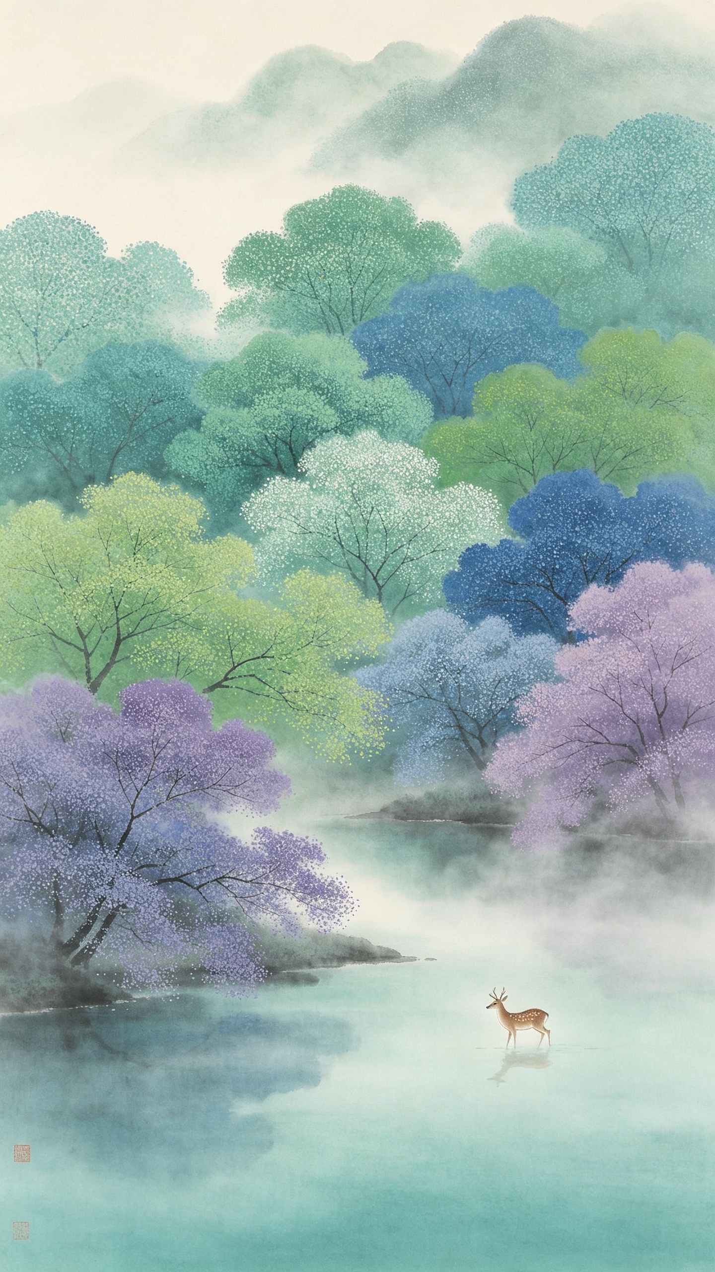 点彩水墨画，绿蓝紫的树林，不同色阶树冠，层次丰富，东山魁夷风格，静谧湖泊，一只小小的梅花鹿。雾气，浓雾，意识流，意境，交错叠加，极简，朦胧，如梦似幻，雾气，艺术美学，高分辨率，顶视图，水墨晕染，中式审美，留白，极简主义… - AI提示词参考图，来自西西提示词