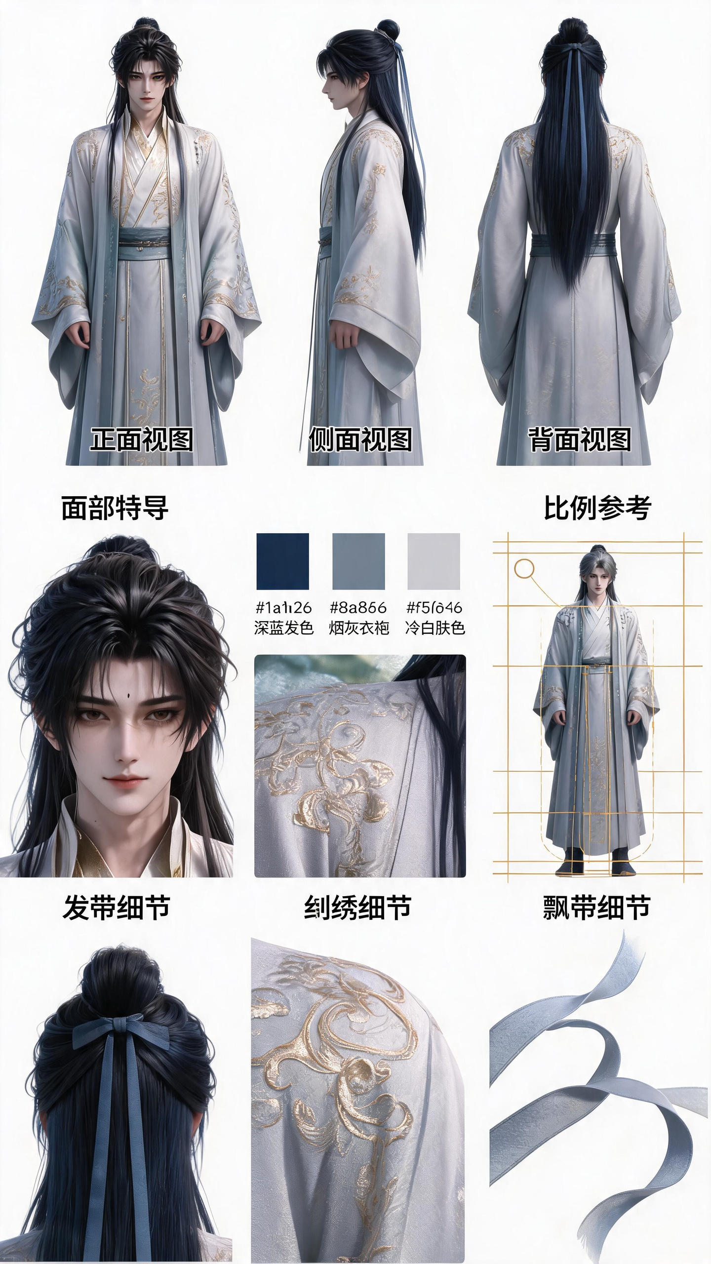 ##人物形象提示词：（三视图） 1.主视觉区 (上方)以 "正面 + 侧面 + 背面" 三个核心视角为主体，直观呈现角色的整体身形、服饰搭配和标志性特征，是制作人员对人物 "整体造型" 的参考基础。 2.补充信息区 (… - AI提示词参考图，来自西西提示词