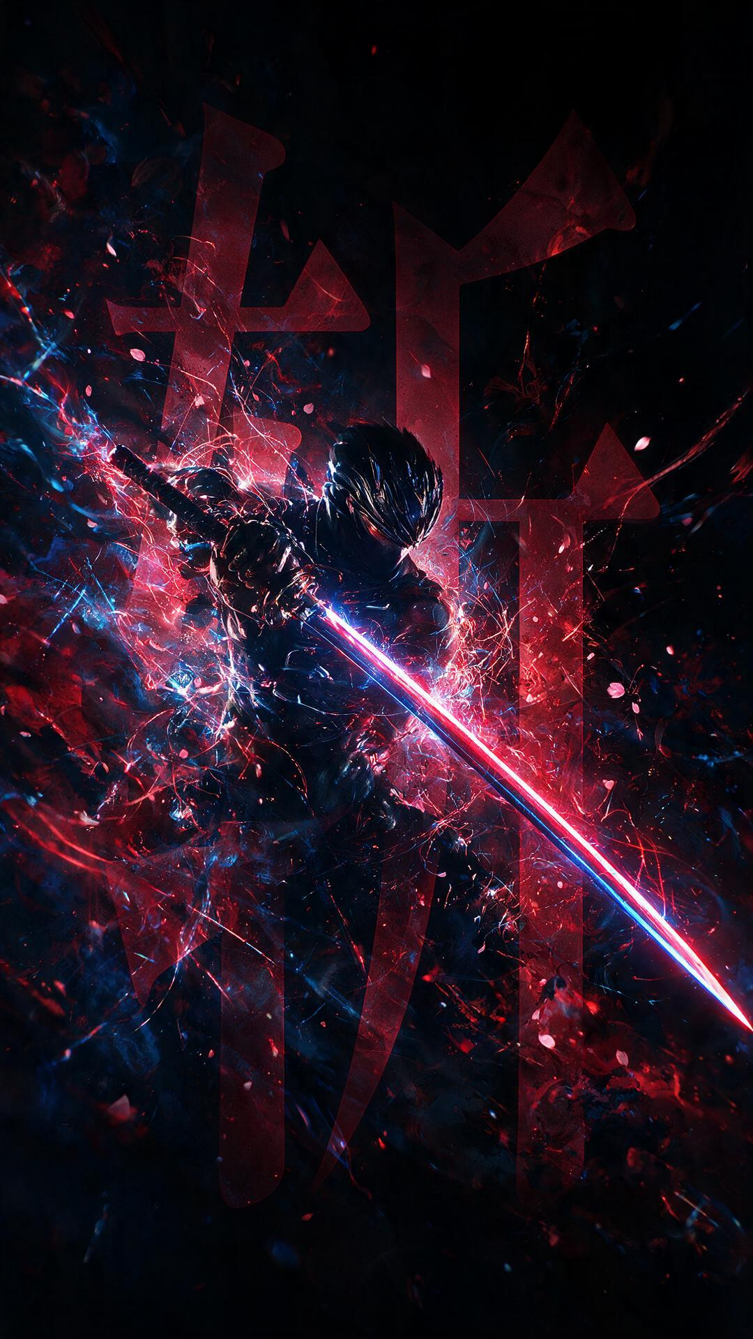 横版构图，暗黑幻想风，一名超级忍者位于画面中央偏左，忍者外传龙隼，神情冷漠压抑，穿着黑色的带有未来科技的忍者服，单手握住一支龙剑，刀身发出强烈的红蓝双色霓虹光芒，刀锋锐利修长，向画面右下方斜斩延伸，成为视觉中心。人物周… - AI提示词参考图，来自西西提示词