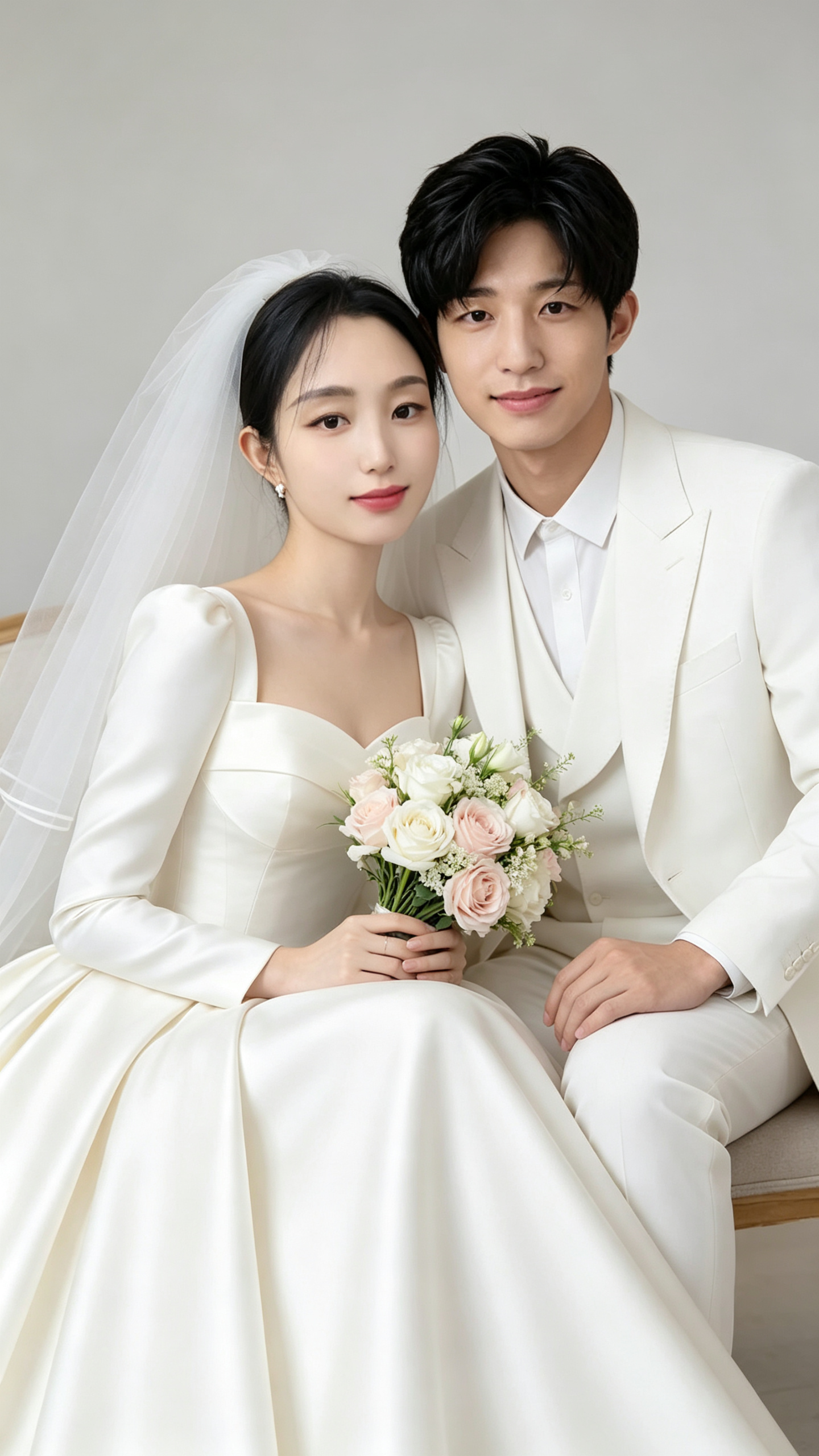 ####高颜值贵族气质情侣婚纱照，冷白皮，新娘捧着一束新娘捧花，柔顺自然新娘造型，头纱，高级，故事性 ，稚嫩，千金感，明艳动人，气质温柔，纯欲妆造，姿势俏皮风格，身着一套收腰流畅高级定制款长款婚纱，照片唯美浪漫，姿势亲… - AI提示词参考图，来自西西提示词