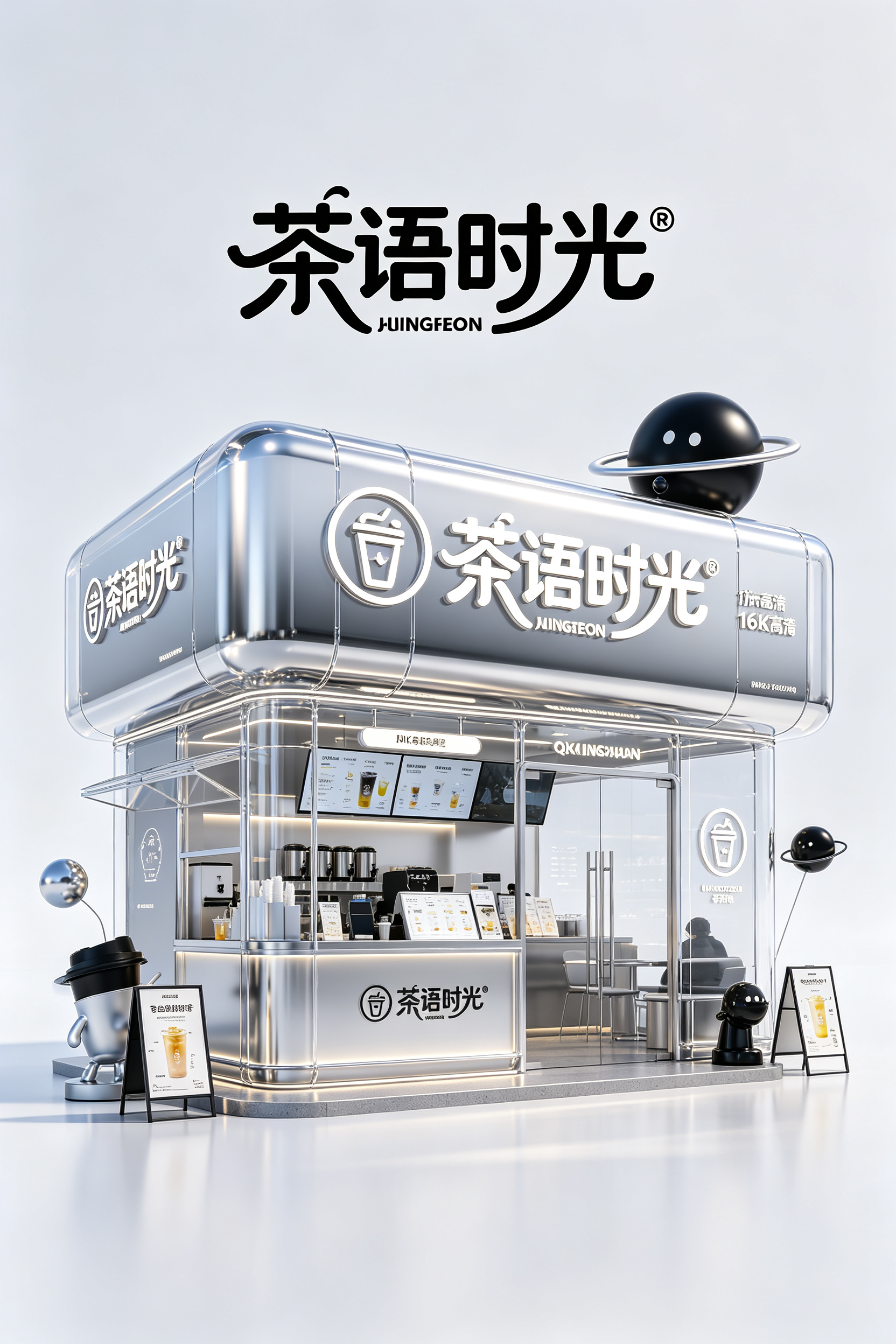 茶语时光 Q版门店，茶语时光 Logo标识，银灰色渐变色调，活力黑色少量点缀，透明反光玻璃质感，充满幻想力和休闲感，高级设计，跨界感，UI设计风格，光线追踪，干净背景，参考Pinterest、Dribbble 风格，使… - AI prompt reference from CC Prompt Galaxy