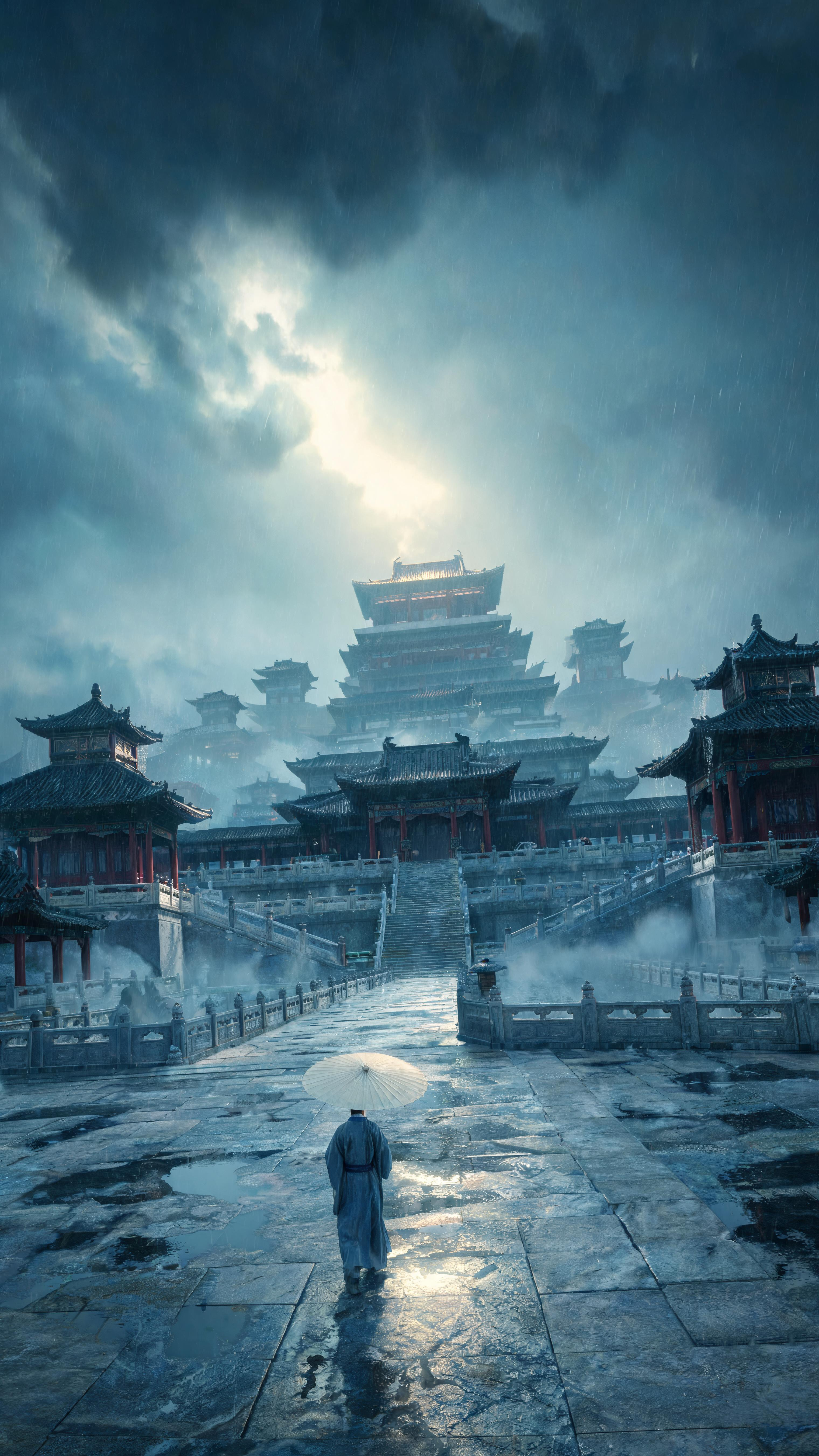 夏季暴雨中的巨型云上天城。庞大的唐宋风格宫城沿着多层汉白玉台地向远处展开，暗朱红柱廊、青黑瓦顶、巨大石阶和长桥被雨水与低云部分遮挡，只让部分屋脊和高塔从六层以上雾气中显露。前景宽阔石台被雨淋湿，一名穿蓝灰长袍的信使撑着… - AI提示词参考图，来自西西提示词
