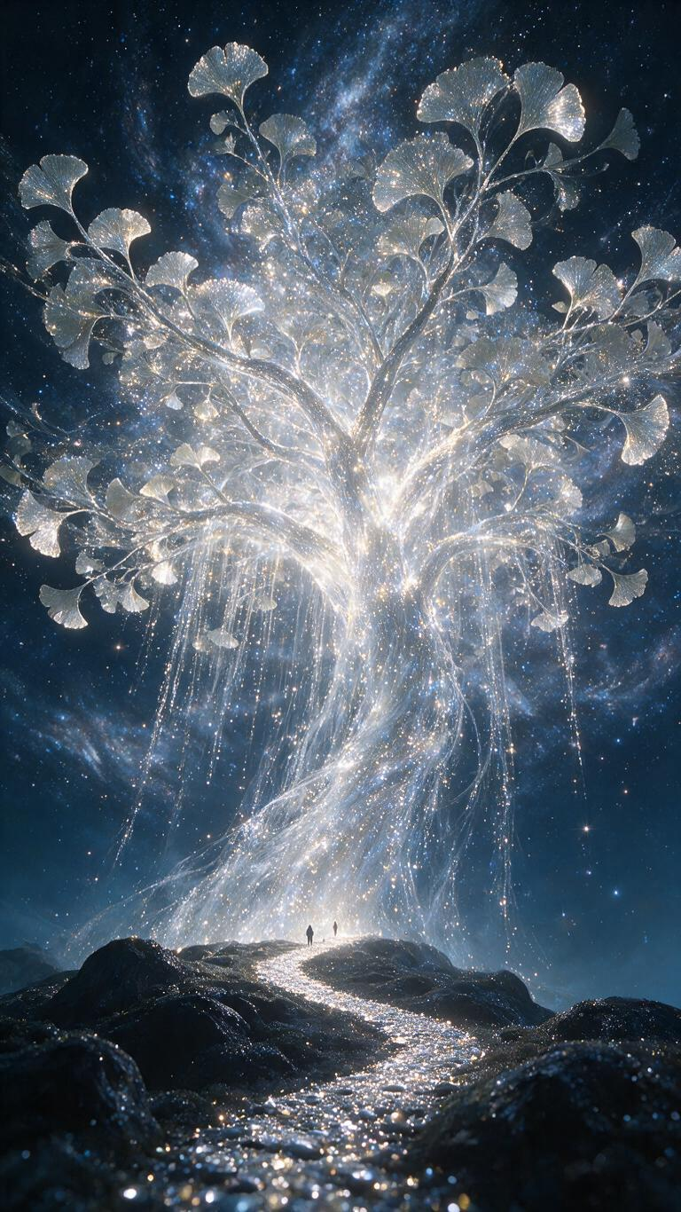 超现实概念艺术，画面中央是由亿万发光粒子与丝缕状能量构成的巨型银杏树，树叶由朦胧光粒子生成，缥缈，虚幻，呈流动的向下倾泻的形态，色彩以深邃蓝黑为底，交织银白金、淡金的璀璨光带，质感如流体星云般缥缈且富有丝绒般的细腻光泽… - AI提示词参考图，来自西西提示词