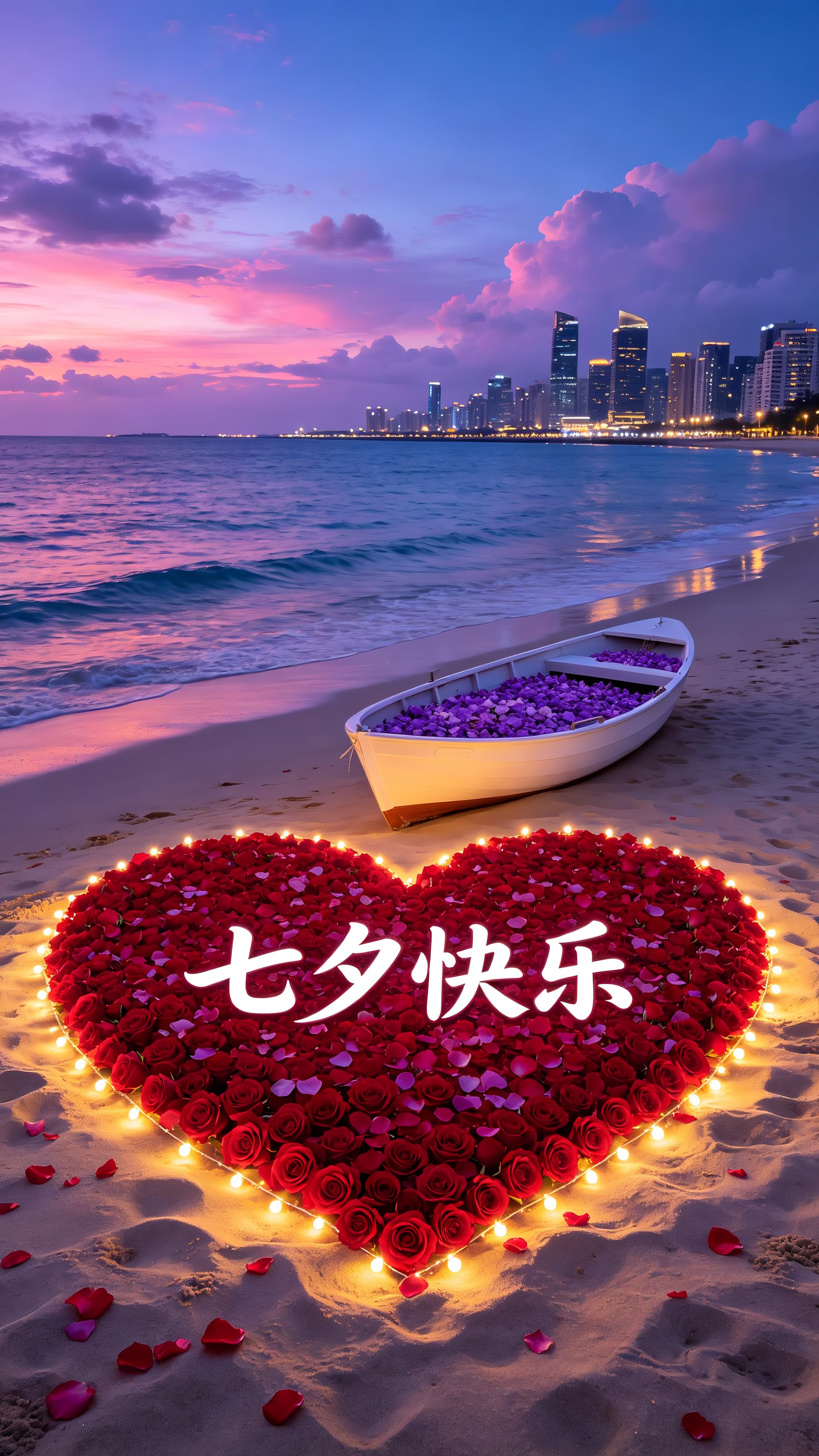 这幅图片展现了一个梦幻浪漫的海滨黄昏场景。沙滩上精心布置着一个由红色玫瑰花瓣拼成的巨大心形图案，心形边缘装饰着闪烁的暖黄色LED灯串，散发着柔和的光芒。心形正中央用白色艺术字体写着"七夕快乐"的温馨文字。心形旁边停靠着… - AI提示词参考图，来自西西提示词