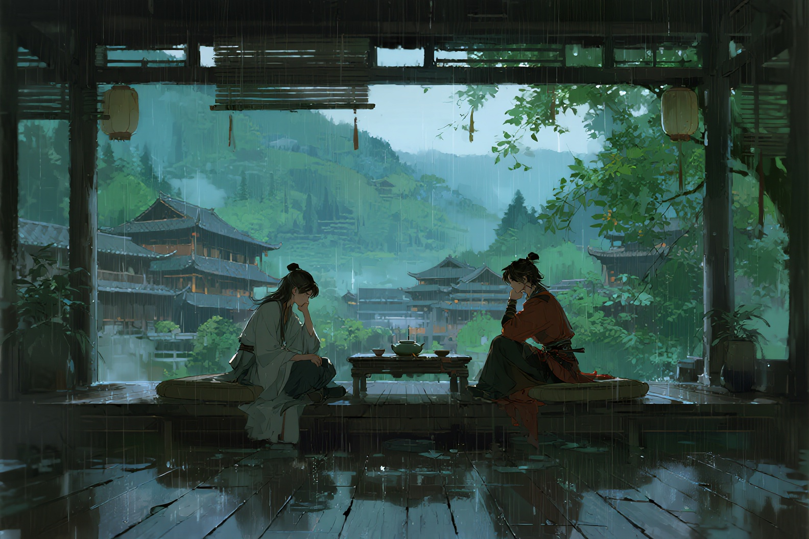 国风场景，雨后的山中苗寨内景，靠窗的木榻，二人临床而坐托腮向远处望去，焚香煮茗，我在春深处，等风也等你。清冷湿润的空气，风格写意、宁静，氛围悠远且充满烟雨的诗意。古风背景插画 那是个枝繁叶茂的夏天 绿意盎然 - AI提示词参考图，来自西西提示词