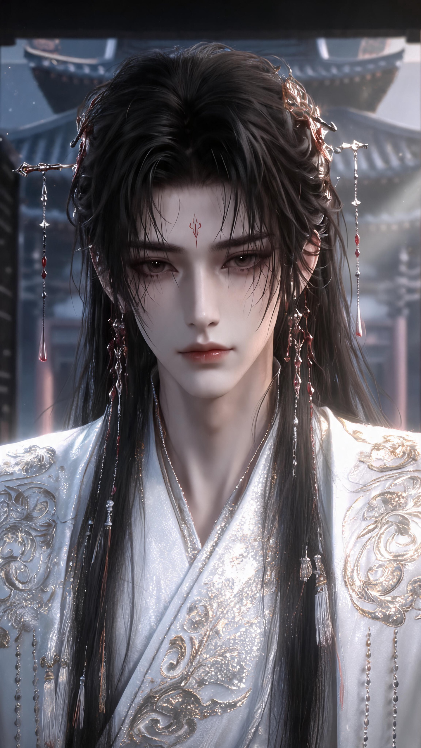##俊美男子，妖冶，真实人物，古风美男，冷白皮，单凤眼，眼尾细长，长发披散，微微遮住眼睛，发丝细腻刻画，白色古风衣，金粉闪亮，流苏，唯美，氛围感。丁达尔，姿势合理，慵懒邪魅，姿势随机，姿势合理，绝美构图，背景宫廷内，近… - AI提示词参考图，来自西西提示词