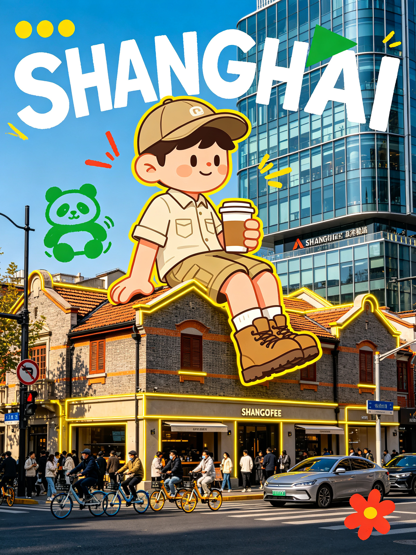 街头波普实验室商业潮流混合媒体海报，3:4竖版构图，底图是真实上海石库门摄影，能看到古老石库门屋顶和现代购物中心玻璃幕墙，街道上行驶着骑行共享单车的人群，喝咖啡的路人，来往车辆。街景真实清晰摄影质感自然。画面中心：一个… - AI提示词参考图，来自西西提示词