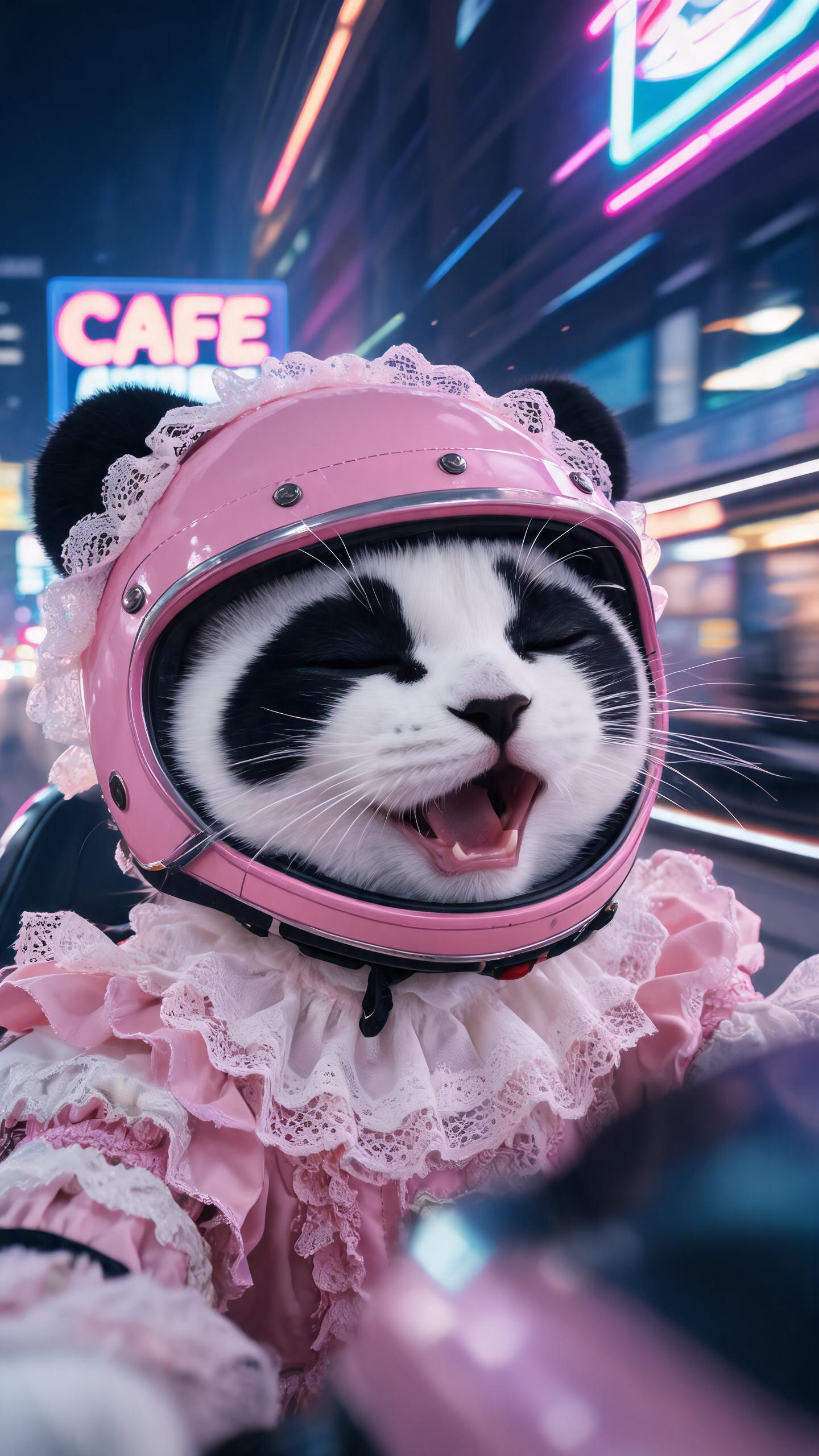 夜晚城市街道上，一只穿粉色洛丽塔裙、戴粉色头盔的大熊猫猫驾驶粉色复古小摩托疾驰，闭眼张嘴唱歌。猫咪头部表情特写 - AI prompt reference from CC Prompt Galaxy