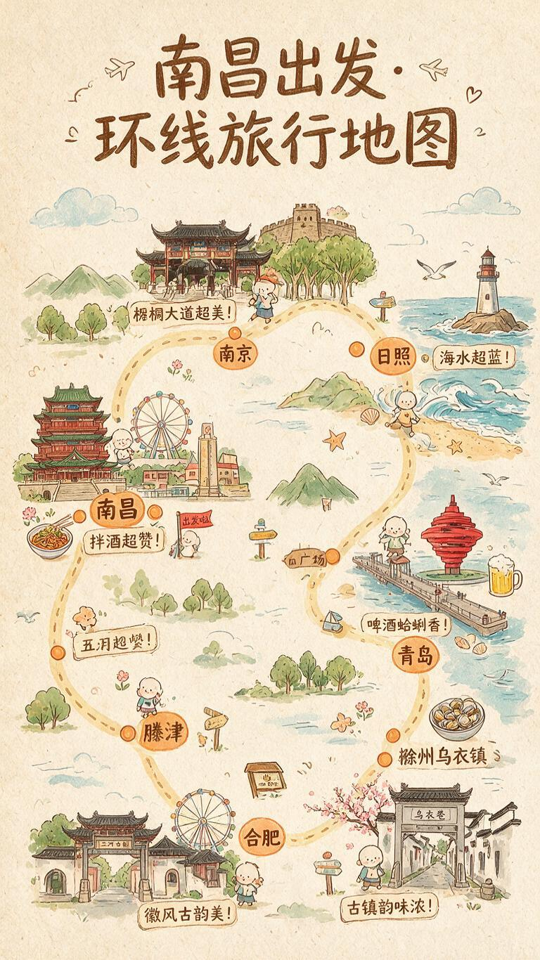 绘制一幅半写实风格的手绘线条地图，生动呈现以南昌为起点，依次途经南京、日照、青岛、滁州乌衣镇、合肥，最后回归南昌的旅行路线。沿途安排可爱的卡通角色，它们或在城市地标处驻足，或在道路上前行，为整个路线增添活泼氛围，清晰展… - AI提示词参考图，来自西西提示词