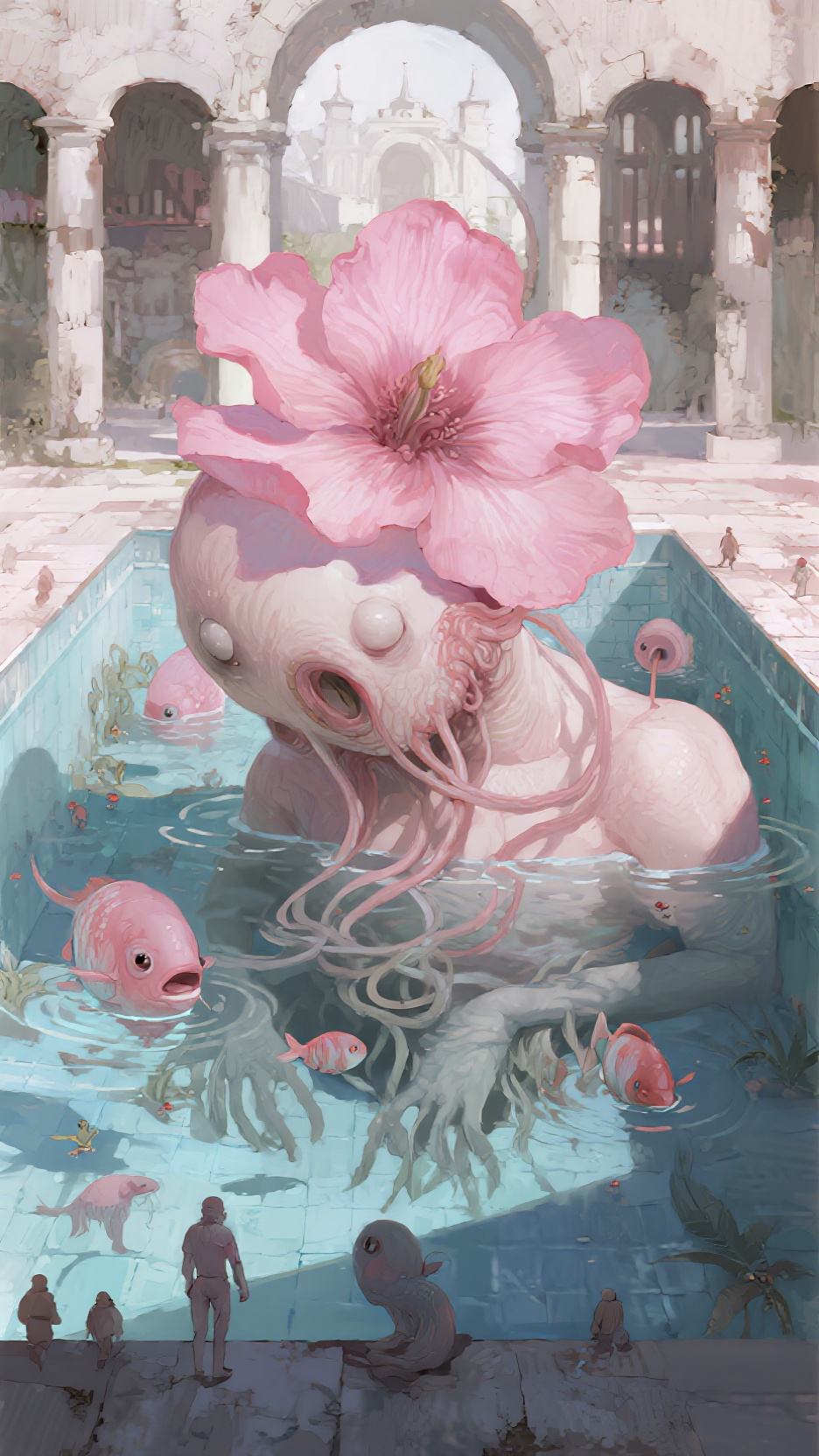 梦幻，奇幻，怪诞，夸张，视觉冲击，旧泳池漂浮的生物，厚涂，粉白调，细节丰富，超清 - AI提示词参考图，来自西西提示词