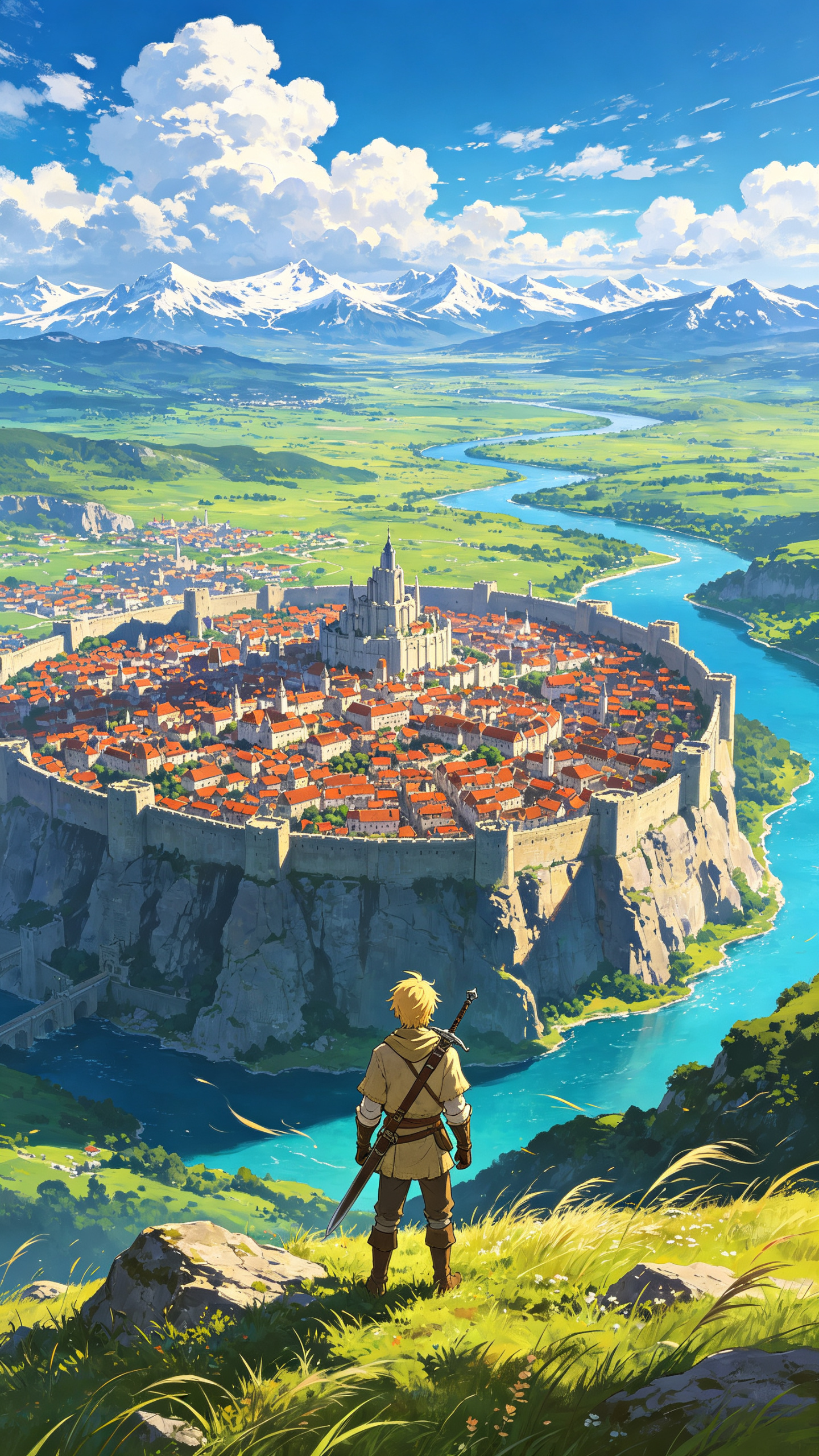 竖版日系动漫精细油画插画，，高视角远景；前景山坡草地岩石，长长的草丛被强风往右边吹得侧倒，金发男子的背影，朴素亚麻冒险装束，背后斜挎长剑，站在山巅俯瞰下方；巨大崎岖断崖绝壁阴影之中坐落巨型城墙都市，密集红瓦屋顶城镇建筑… - AI prompt reference from CC Prompt Galaxy