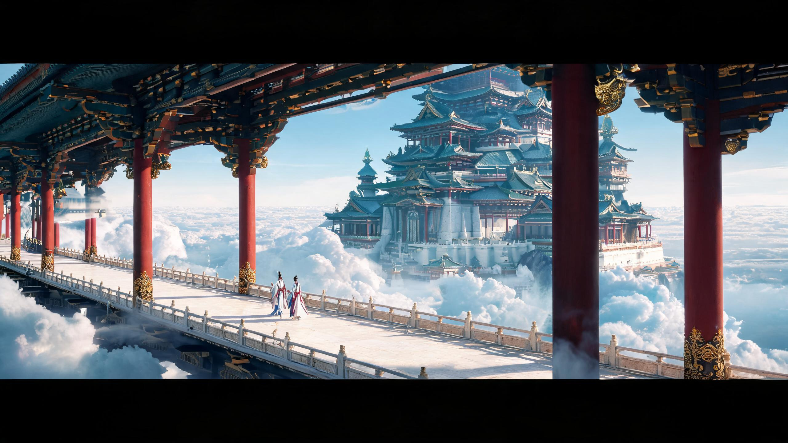 东方神界建筑文明摄影，大画幅电影摄影质感，70mm中长焦镜头f/8，平视略仰，长焦压缩空间。摄影机站在另一侧平台或桥端，人眼高度1.4米。 近景是一条横跨画面中部的建筑级巨型横空廊桥——白玉桥基、深朱桥体、墨青桥檐、古… - AI prompt reference from CC Prompt Galaxy