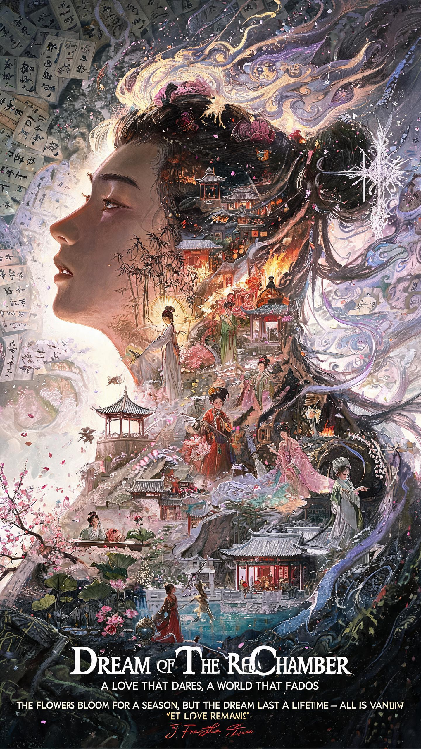 核心风格定义为Frank Frazetta经典奇幻插画风格，融合东方红楼梦史诗的缠绵凄美与空幻哲思，双重曝光艺术手法，水墨焦墨飞白与数字厚涂碰撞，收藏级油画质感，极繁主义美学，悲剧宿命论的哀婉调性，兼具大观园兴衰的抽象… - AI提示词参考图，来自西西提示词