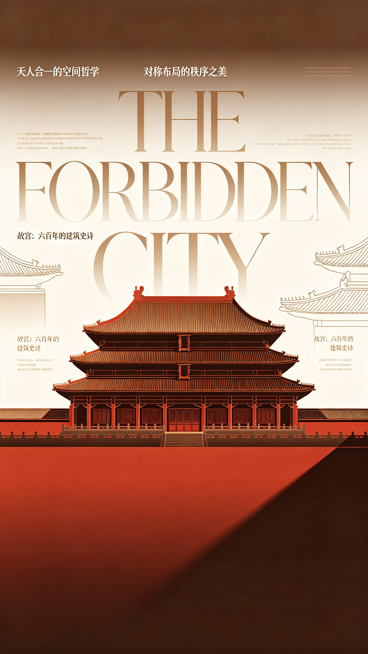 以【故宫】作为核心视觉元素，创作一张极致简约的高端艺术海报。画面中央放置建筑的插画图形，背景以超大加粗的英文字体呈现，字体造型与建筑轮廓形成呼应，突出主建筑，字体淡化处理。环绕主体布置小号文字，阐释【故宫】的设计理念与… - AI提示词参考图，来自西西提示词