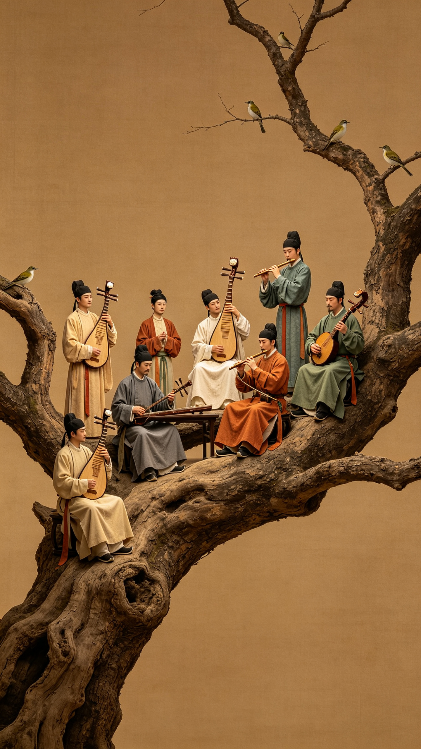 大师构图，极简主义，代宫廷乐团在阿干树枝上演奏音乐的场景。画面中有多位身着唐代宫廷服饰的乐师，他们有的站立有的坐着，随意地分布在粗壮的阿干树枝上。乐师们正在演奏琵琶、二胡、笛子、阮和马头琴等传统乐器。树枝上还有几只小鸟… - AI提示词参考图，来自西西提示词
