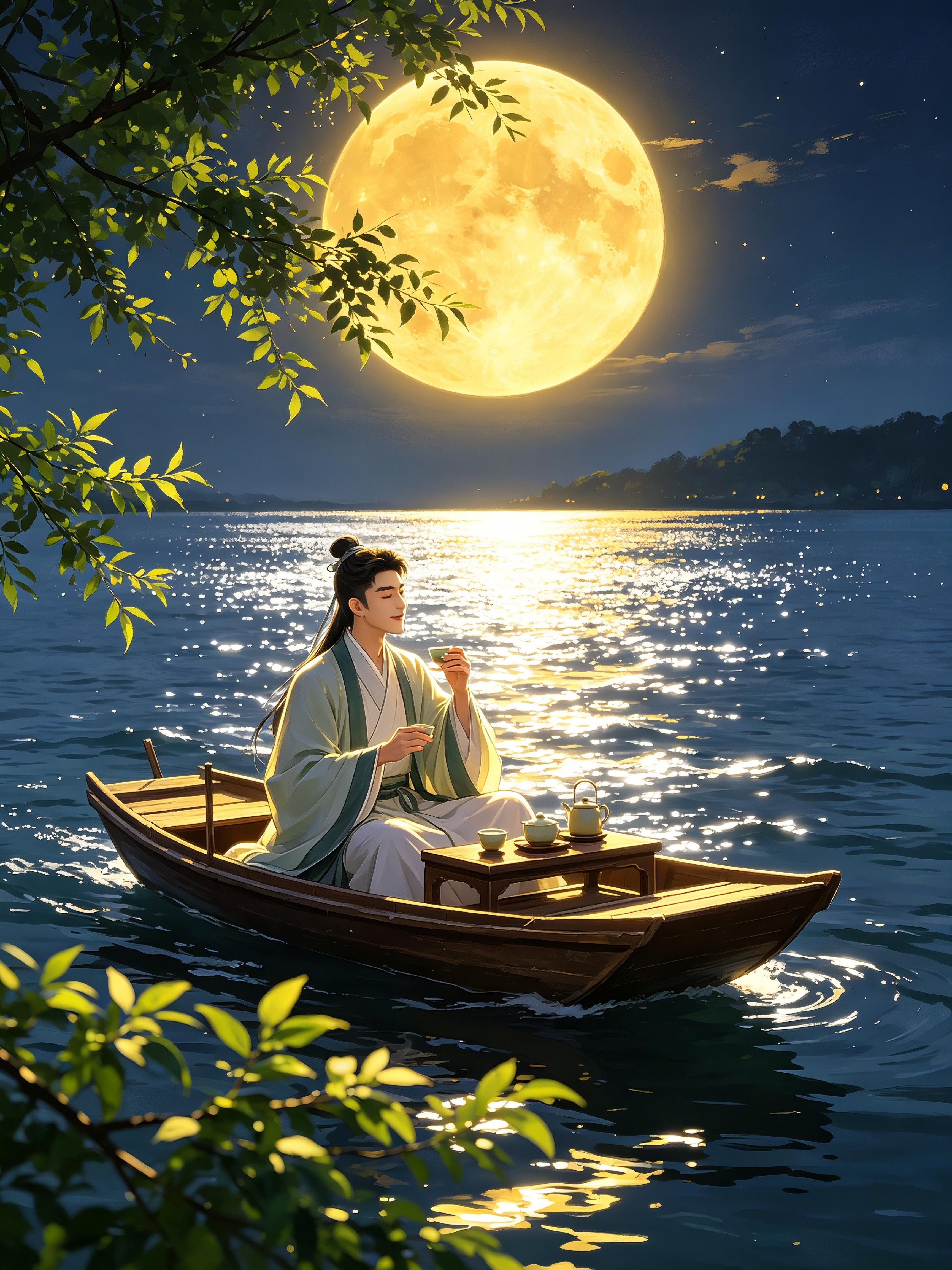 ##治愈系插画，月夜江南凉风江面，，水面铺满银色波光，一叶扁舟载着穿着汉人服装的男卫泛于江上，品茶，歌诗！金色月光洒在江面，前景青树枝桠入镜，画面静谧治愈，色彩对比强烈，光影绝美，8K超高清，电影感构图，插画质感，中式… - AI prompt reference from CC Prompt Galaxy