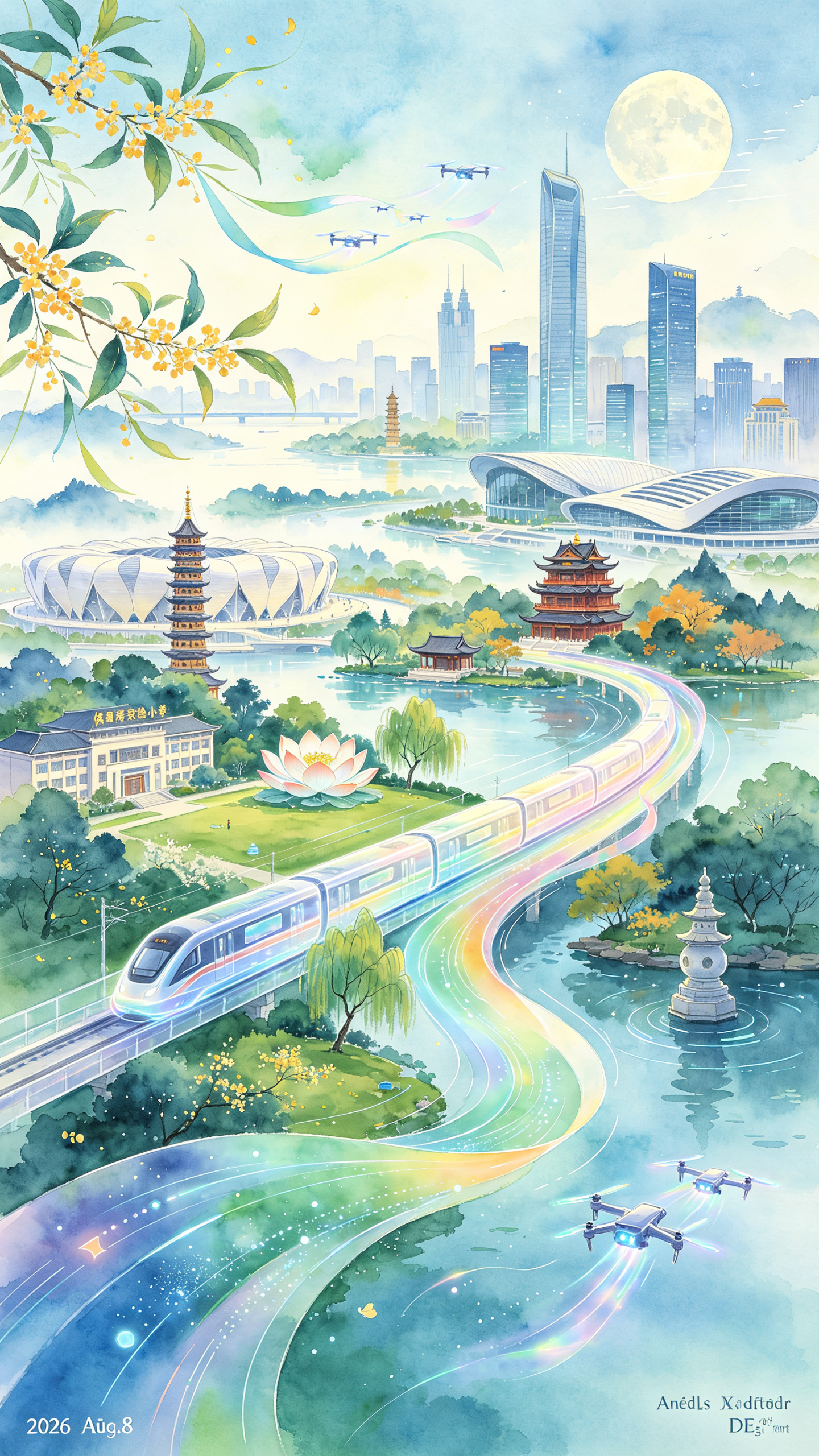 ༙༶杭州cⁱty t◌pⁱᶜ晕染水彩画风格远眺立体场景伊芯模形相溶闭环自然醒于①，现代中式融合美学-仿佛一张巨大的画向远方延伸，画谱上立体的城市风貌（保俶塔实验小学、杭州奥体中心大小莲花游泳圈、西湖边的柳浪闻莺的草坪上… - AI提示词参考图，来自西西提示词