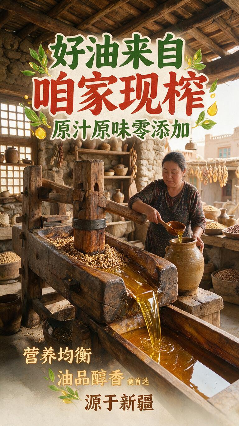 好油来自*咱家现榨*原汁原味零添加*营养均衡*油品醇香*健康首选*源于新疆* - AI提示词参考图，来自西西提示词