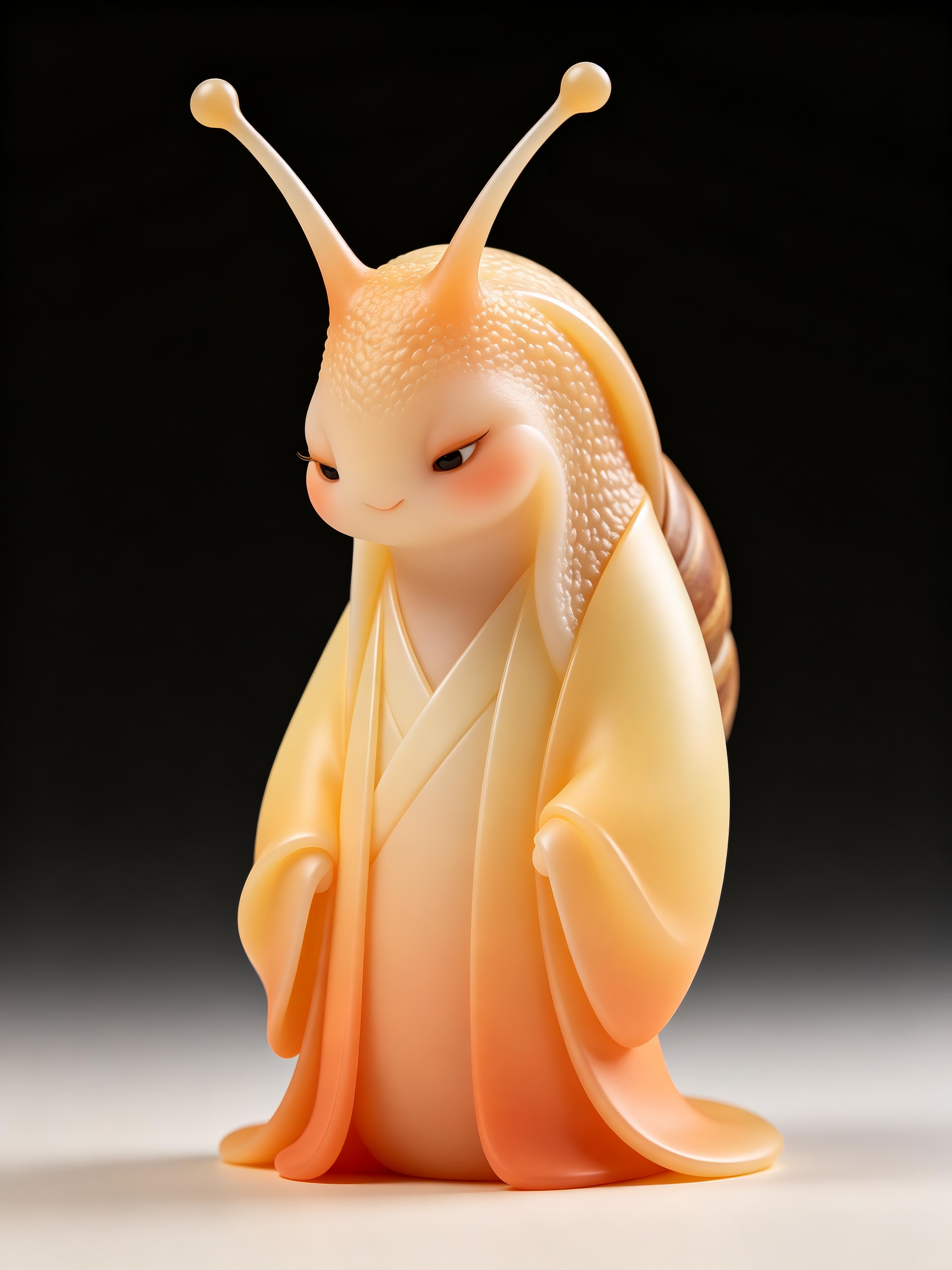 参考超现实英式动画结合国风3D风格，极简主义，C4D东方美学生成： 特写镜头中，以国风3D风格，一只美嘟嘟的可爱面孔（蜗牛），身着月橘色淡黄色渐变长袍，身形经夸张抽象变形处理，低头凝视时眼神透出优雅气质。背景为黑色渐变… - AI提示词参考图，来自西西提示词