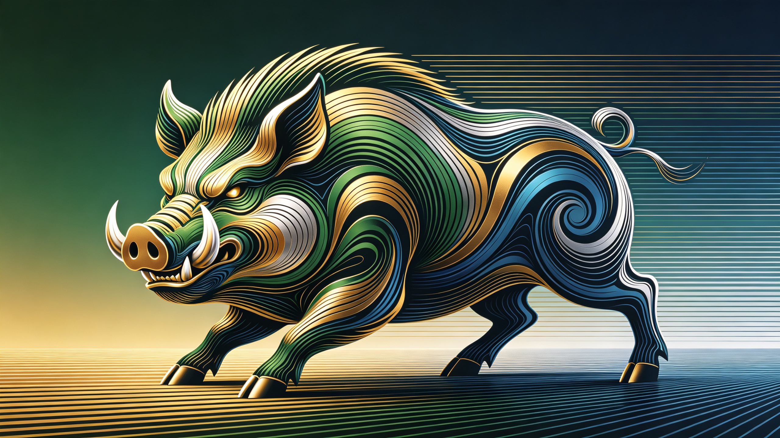 世界极简线条插画大师杰作，法国设计鬼才，爱马仕御用插画大师:塞吉·布洛克的风格，(金，绿，蓝、铂金)色流动曲线构成一头猪，猪形动态，凶神恶煞，獠牙外露活灵活现，栩栩如生。极简线条插画，动态轮廓，横向密集排线形成置换效果… - AI提示词参考图，来自西西提示词