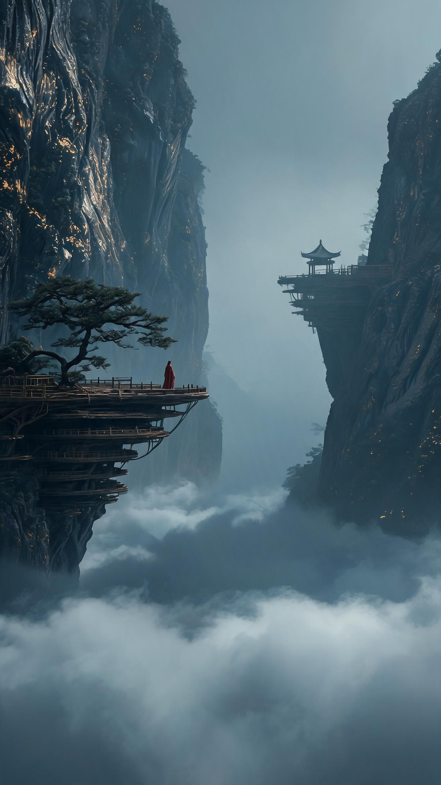 构图：宽幅电影远景构图，两处悬浮层叠木质悬空平台，左侧平台生长一棵造型苍劲的迎客松，红衣长袍人物立于平台边缘；右侧远方悬浮平台上矗立一座小型中式亭阁；两侧是纹理扭曲的巨型陡峭岩壁，画面底部铺满流动云海，空间空灵疏离，人… - AI提示词参考图，来自西西提示词