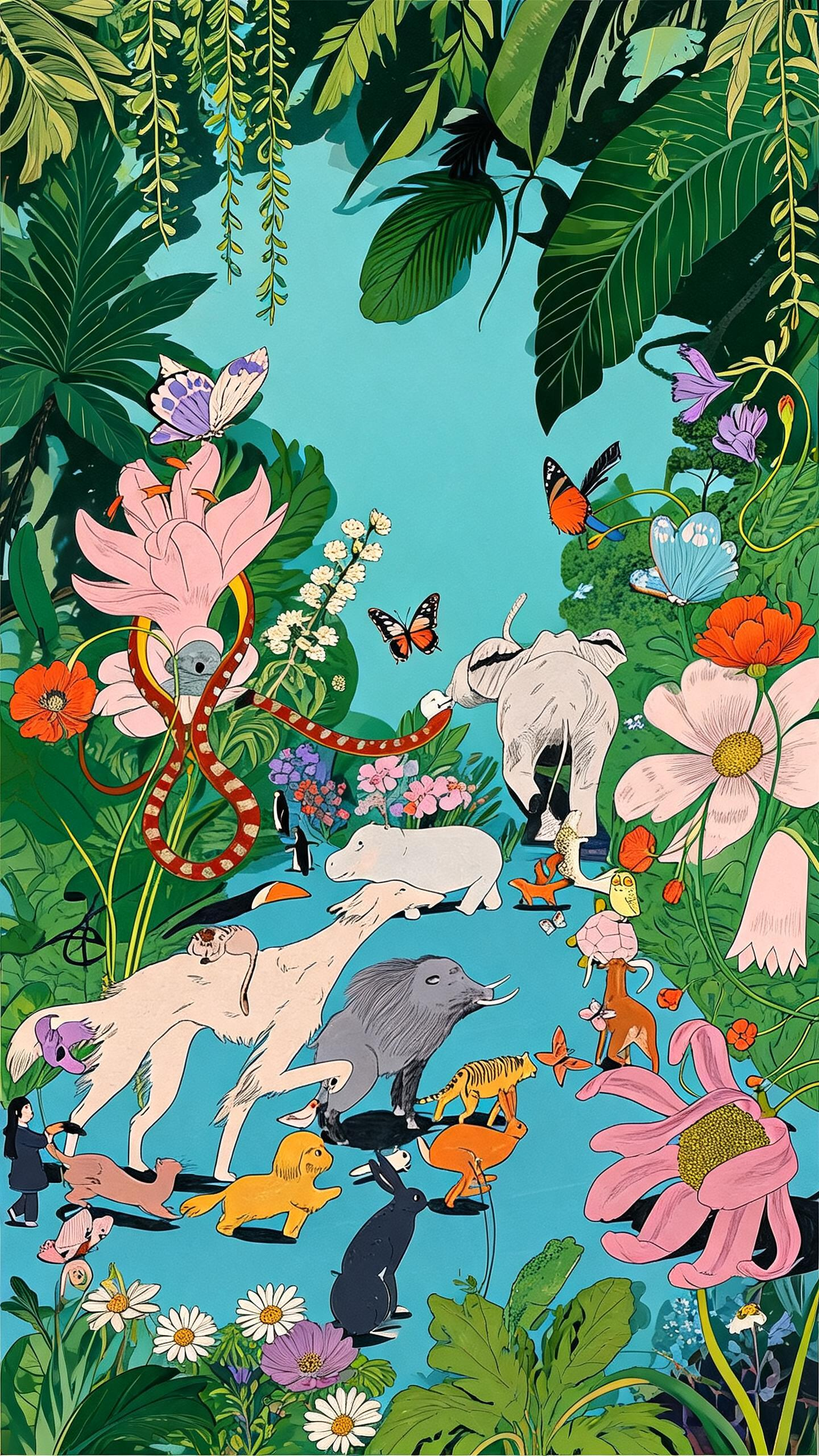 爱马仕插画大师杰作，极繁主义，复古插画，时尚插画，Karlotta Freier的风格，爱马仕插画，神秘的丛林，各种植物，细腻的笔触，治愈系插画，高品质细节，高分辨率，最佳品质，8K画质（世界顶级大师级水准，有灵魂，不… - AI prompt reference from CC Prompt Galaxy