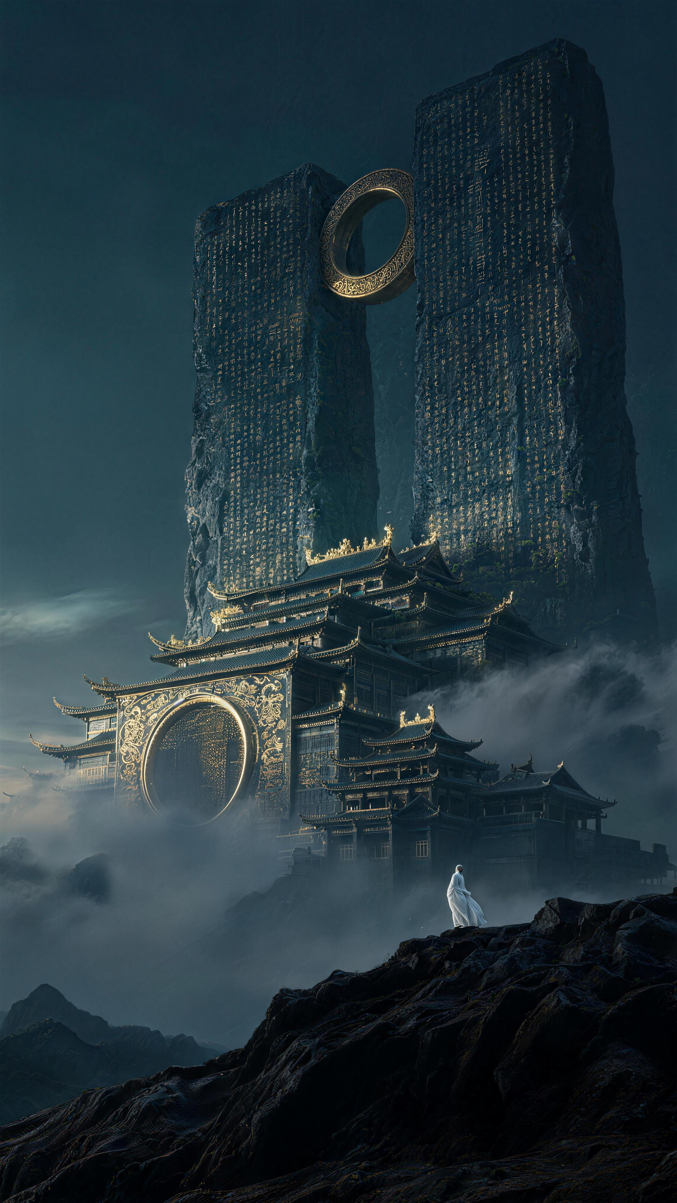 【总纲】铭文通天,人如微尘。 【风格】东方玄幻史诗,8K,深青黑与暗金双色碰撞,肃穆神秘。 【远景巨碑】两面通天石碑各占宽30%,高占画面65%,碑体宽远大于厚度呈扁平板状,两碑间留空隙。顶部间隙镶嵌一枚金色圆环,环厚… - AI提示词参考图,来自西西提示词