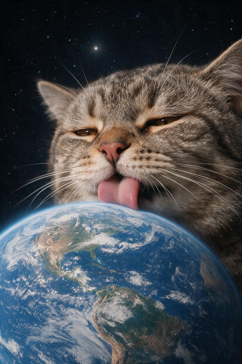 一只巨大的家猫在太空中,它巨大的脸若隐若现地出现在地球后面,用粉红色的舌头舔着地球,舌头接触到球体的上表面,近景构图,猫的头被画面的上边缘切断,地球占据了图像的下半部分,四分之三的正面视角,贪睡的半闭眼睛,写实的条纹灰… - AI提示词参考图,来自西西提示词