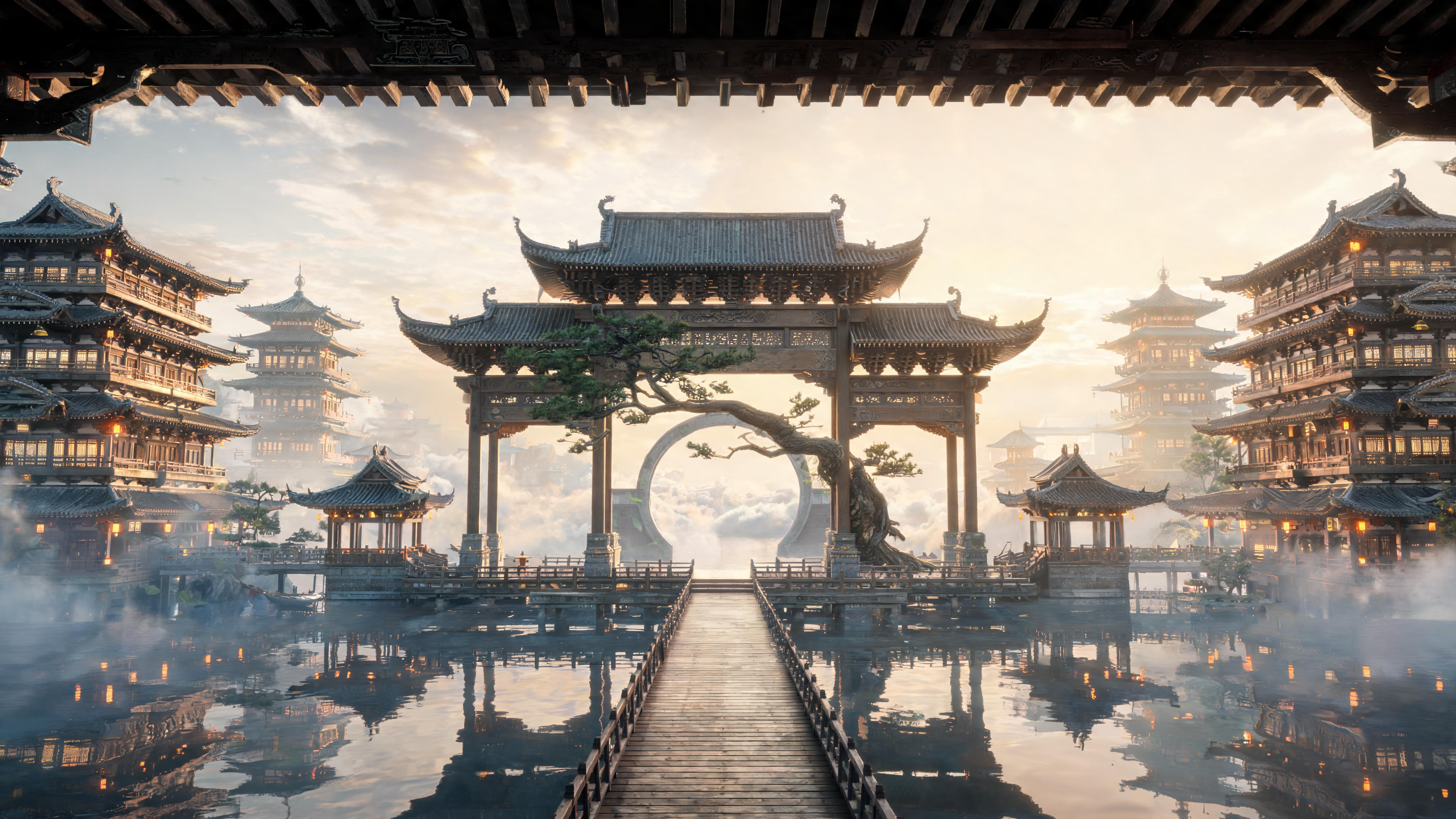 东方仙侠天宫画面：前景保留深色古建筑屋檐作为天然上遮幅，画面中心是一个巨大完整的古风排楼，排楼内有一棵苍劲古松横向穿过，松枝占据楼洞中央并向两侧伸展；月拱门后方是翻涌云海和远处暖金色天空，左右两侧为造型繁复，多层唐代浮… - AI prompt reference from CC Prompt Galaxy
