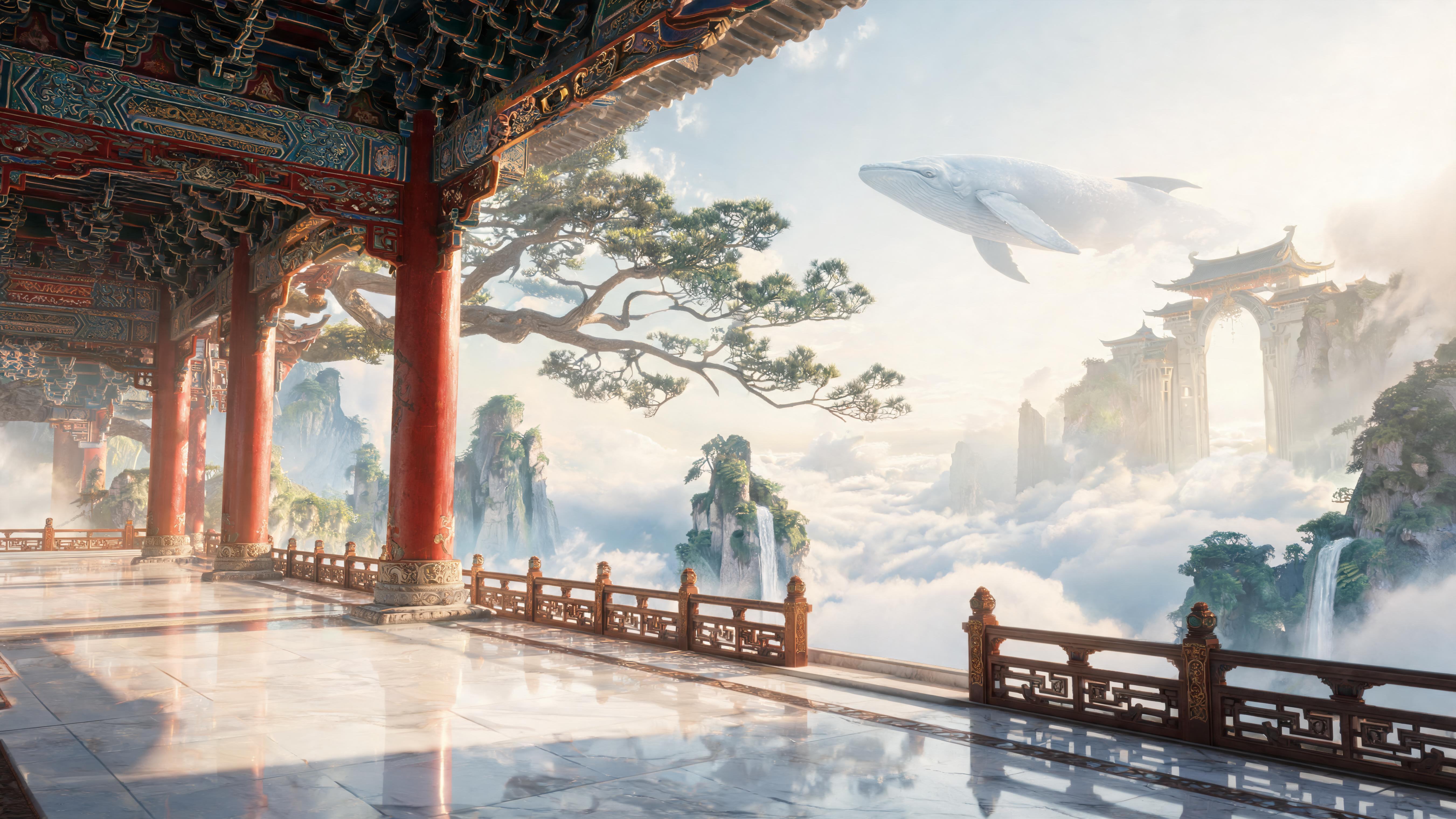 电影宽画幅21:9，8K超高清，国风仙侠仙界场景，前景宏伟巨大中式古代大殿门廊，华丽繁复斗拱彩绘，朱红立柱，光洁镜面大理石平台，木质护栏；；向外眺望一望无际浩瀚翻腾云海，云海中耸立奇峰仙山，空中横伸一棵苍劲造型巨型古松… - AI提示词参考图，来自西西提示词