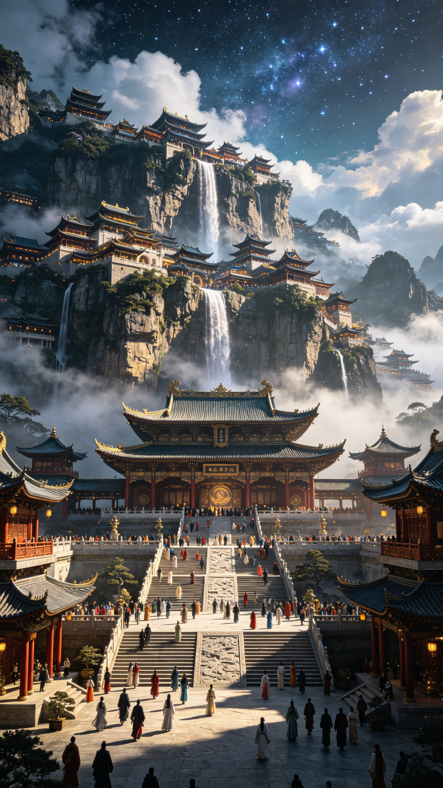 未来古风悬崖石壁山城，非传统豪華建筑群依山崖石壁而建，從山底到山顶都有行人聚集，前景主建筑寛石梯广場，雾气弥漫，营造神秘氛围，电影级光照，高细节，远景，超远景都見建筑群，9:16，奇幻，仙侠，仙气，云雾缭绕，瀑布，星辰… - AI提示词参考图，来自西西提示词