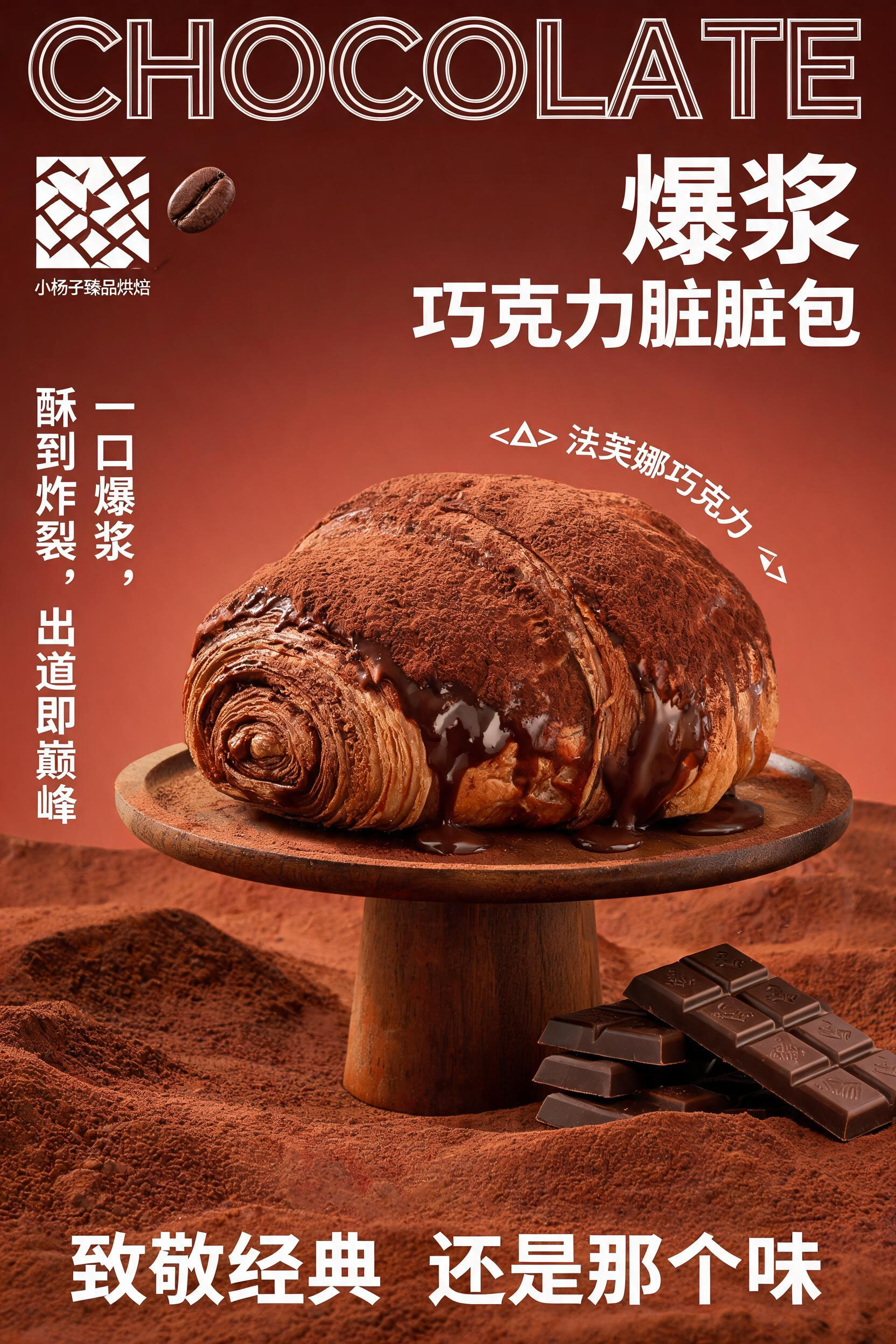 巧克力脏脏包商用海报 正向提示词 竖版 8K 烘焙甜品商业海报，暖棕红渐变哑光背景，地面铺满细腻可可粉沙丘质感，暖调暗调柔光； 画面顶部超大双层线条空心白色英文大写「CHOCOLATE」； 左上角几何麦穗方块 logo… - AI提示词参考图，来自西西提示词