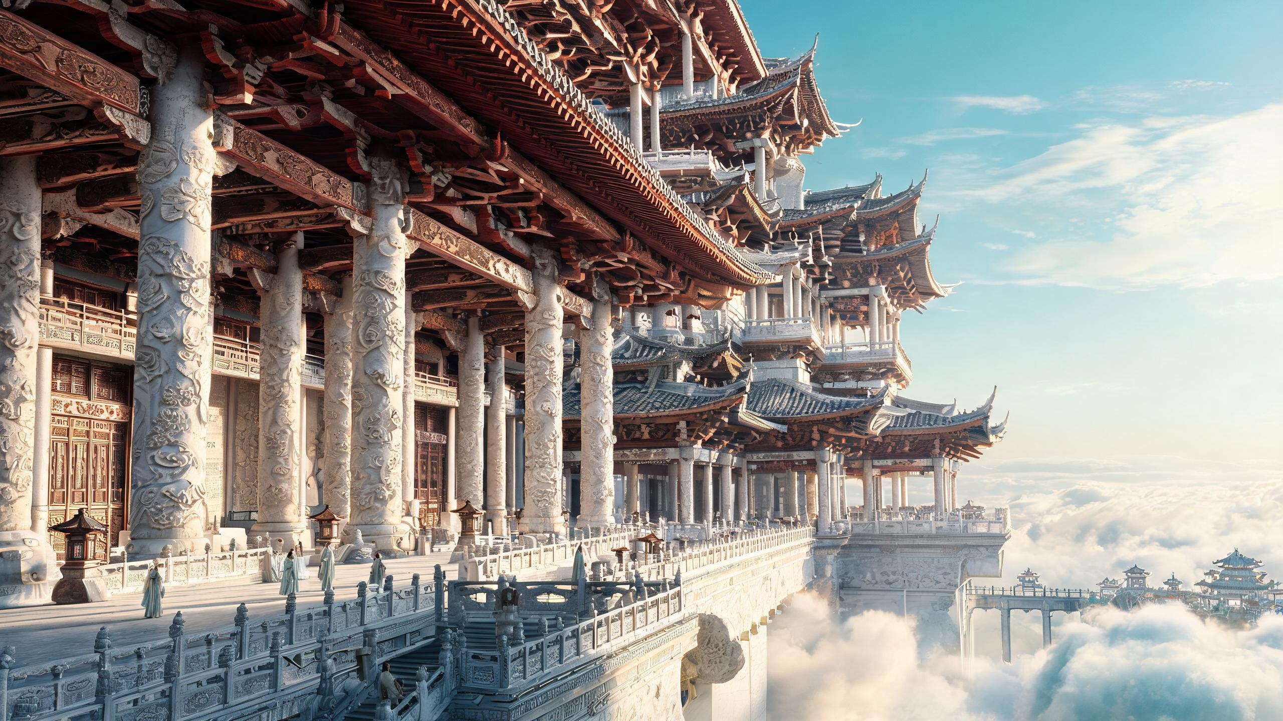 16:9东方神话巨构外景。镜头贴近一座大陆尺度天宫的外侧边缘，采用24‑28mm受控广角和低机位三分之四侧视角，沿建筑立面斜向望向天际。画面左侧与顶部是越出画框的近处巨构：城墙般宽阔的汉白玉圆柱、克制云纹浮雕、深红褐色… - AI提示词参考图，来自西西提示词