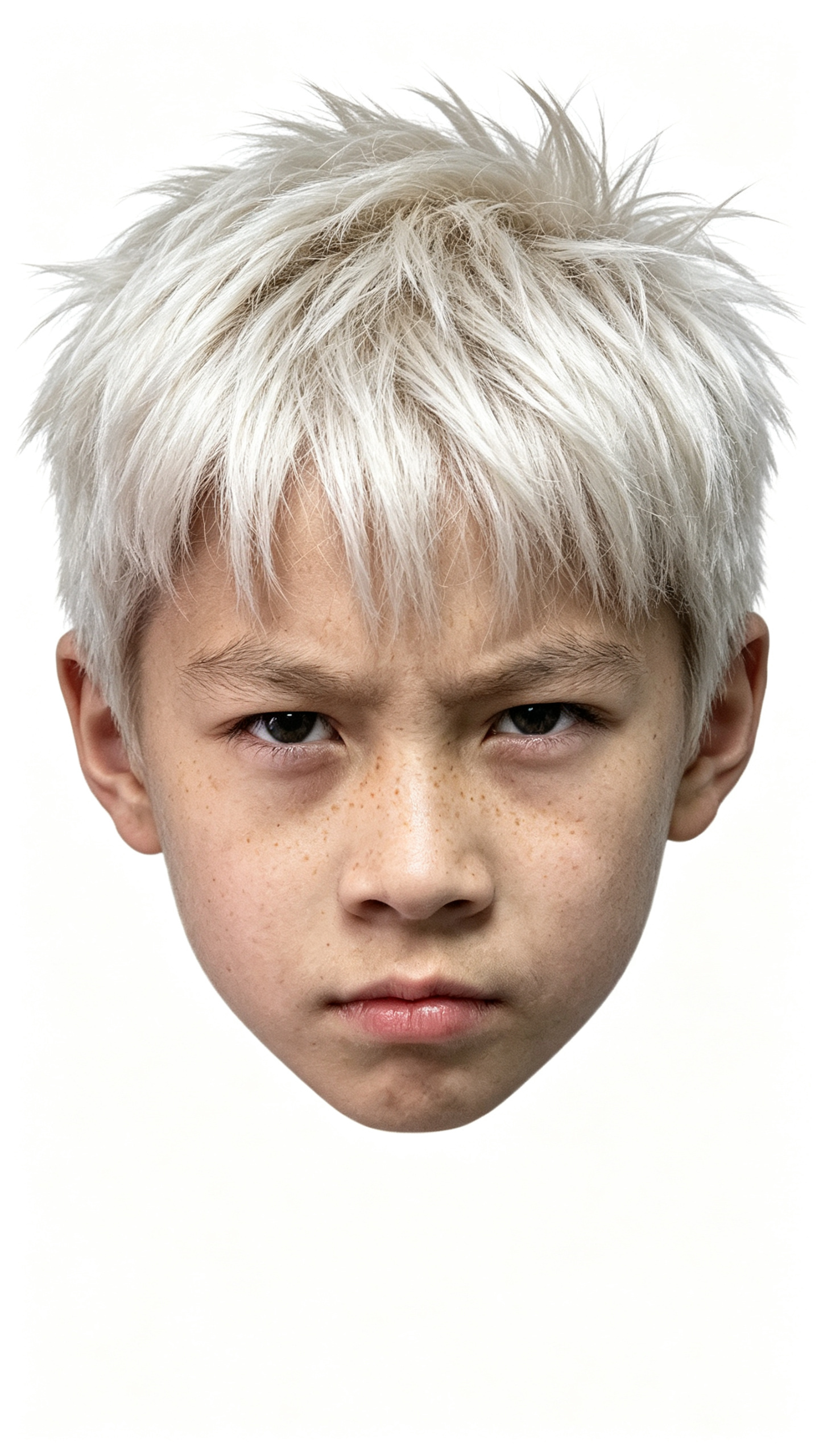 ##以原图小男孩的头像质感、生成白底大头像。只保留头部不要衣服和背景。 五官融合：将AI生成图的脸部特征，替换或融合为原图小男孩的五官感觉，使其更像自己，脸部加一点点雀斑，不要遮住额头。 发型调整：保留，更有质感。美式… - AI提示词参考图，来自西西提示词