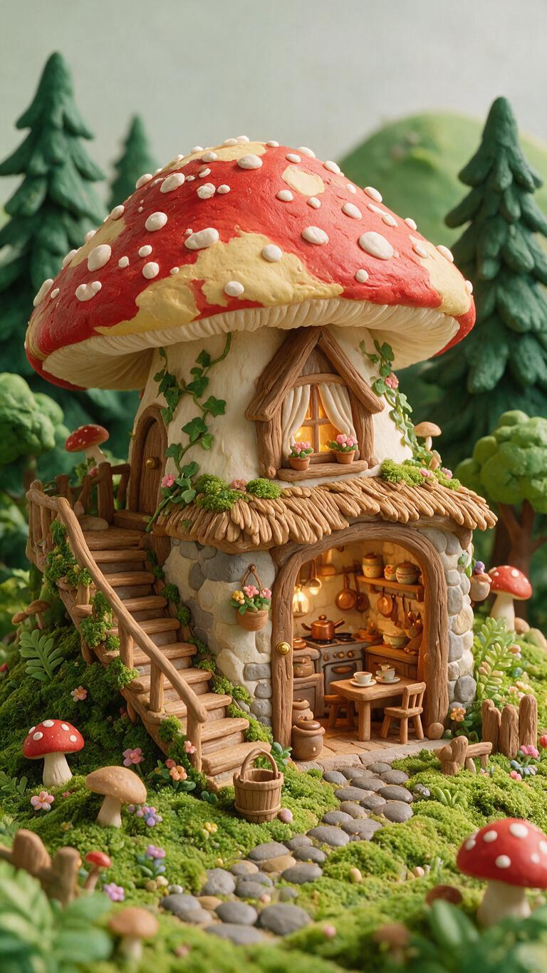 红伞蘑菇精灵小屋 • 年代风格：童话奇幻，中世纪精灵居所 • 视觉特征：巨大红顶毒蝇伞蘑菇作为屋顶，双层小屋，上层阁楼，下层完整厨房，外置楼梯，周围小蘑菇、苔藓，屋内复古迷你厨具，内部暖灯光 • 黏土材料&颜色 ◦ 软… - AI提示词参考图，来自西西提示词