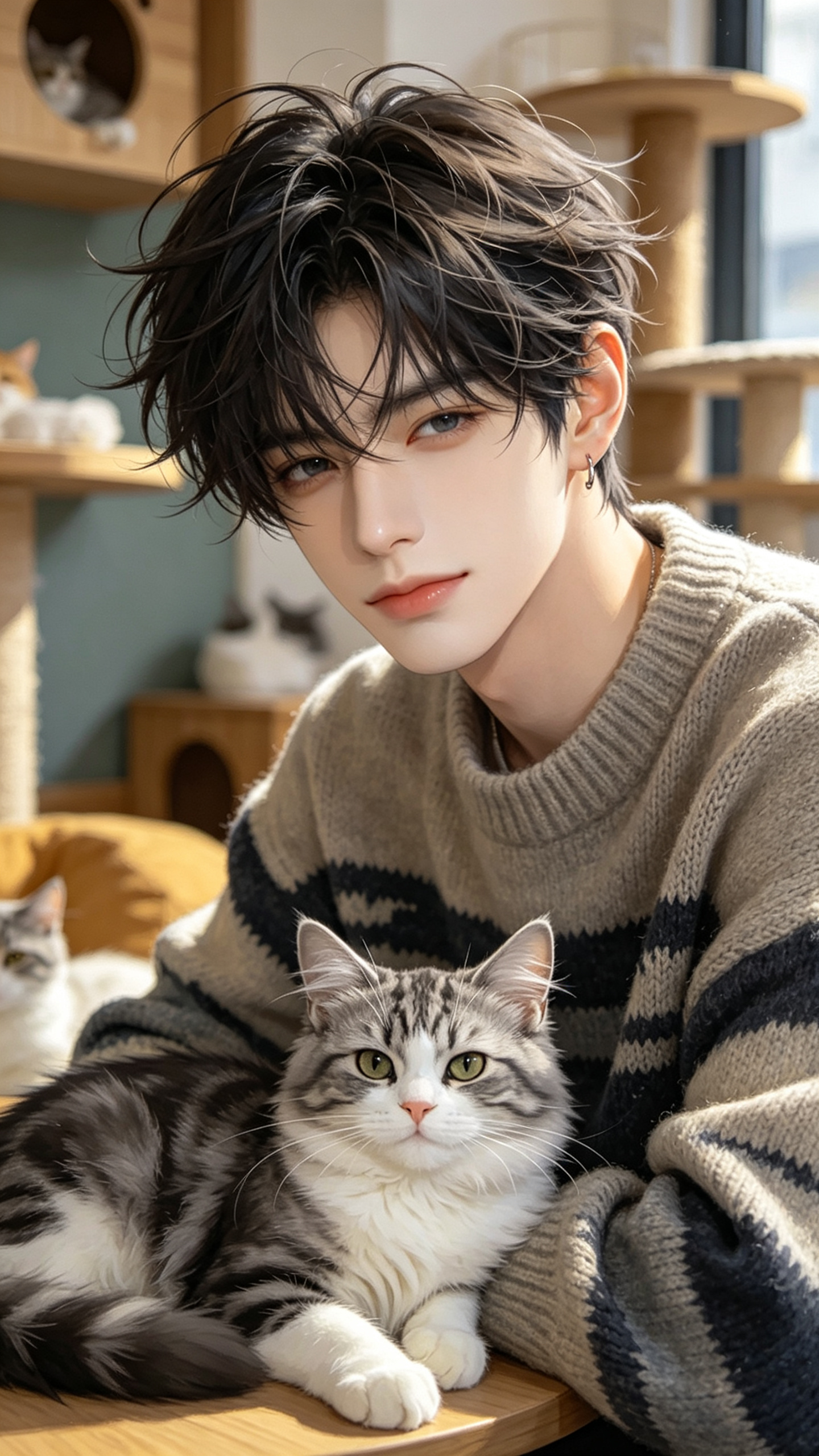一个美男子，凌乱发丝，冷白皮，肌肤细腻，毛衣，猫咖，特写，以动态日常快照的形式呈现，采用3D厚涂，CG建模风格，绘制出如同插画般写实且富有故事感的画面，要求高清画质。 - AI提示词参考图，来自西西提示词