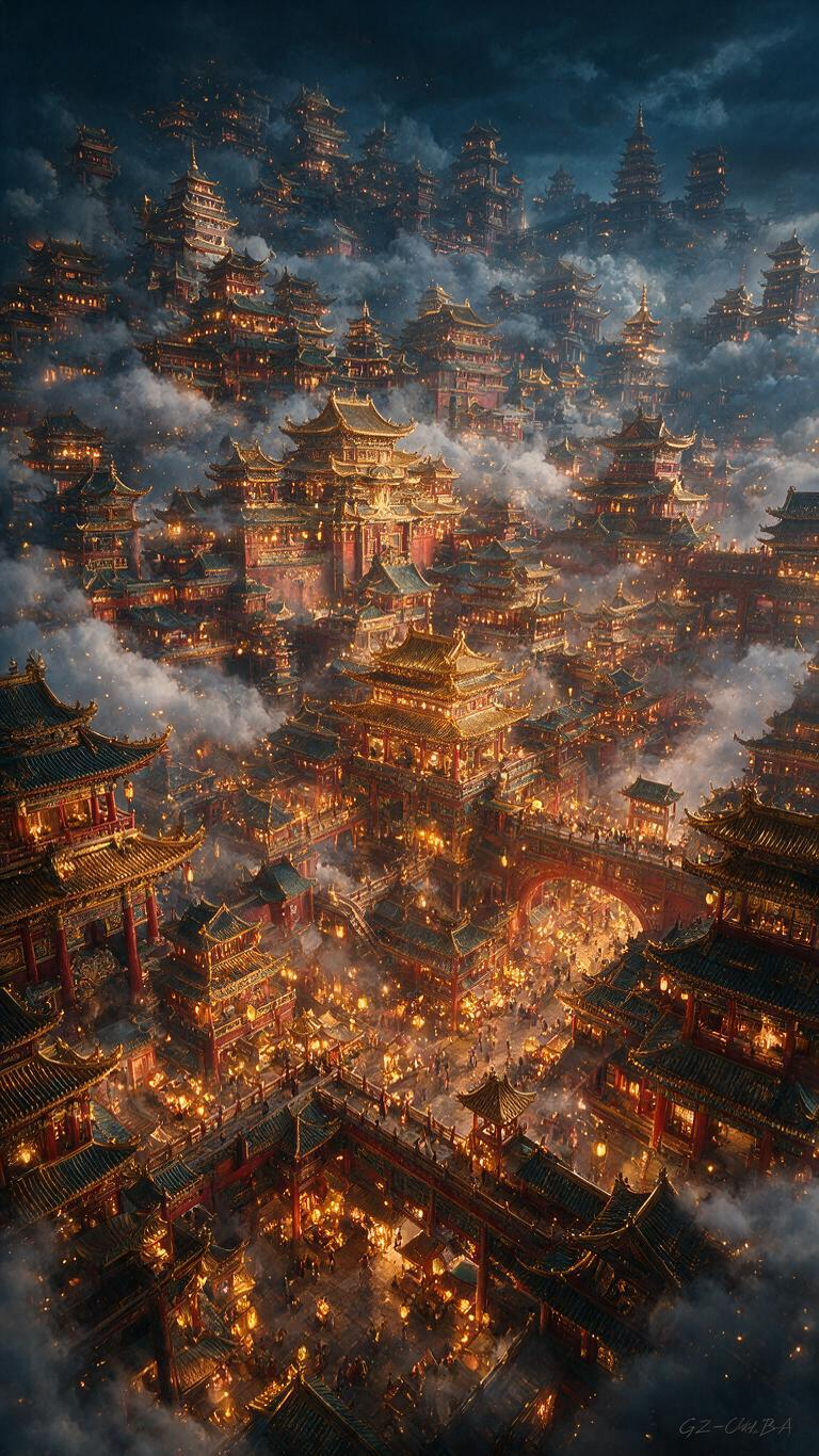 以极繁主义风格呈现的杰作，从仰视视角展现充满神秘感且细节完美的3D建模国风古代大都市，采用航拍视角，俯瞰整座城市，尽显宏大与繁华。巨构建筑群，极其繁复，结构层层叠叠、错落有致、不规则布局，往上看不到顶，往下看不到底，阳… - AI提示词参考图，来自西西提示词