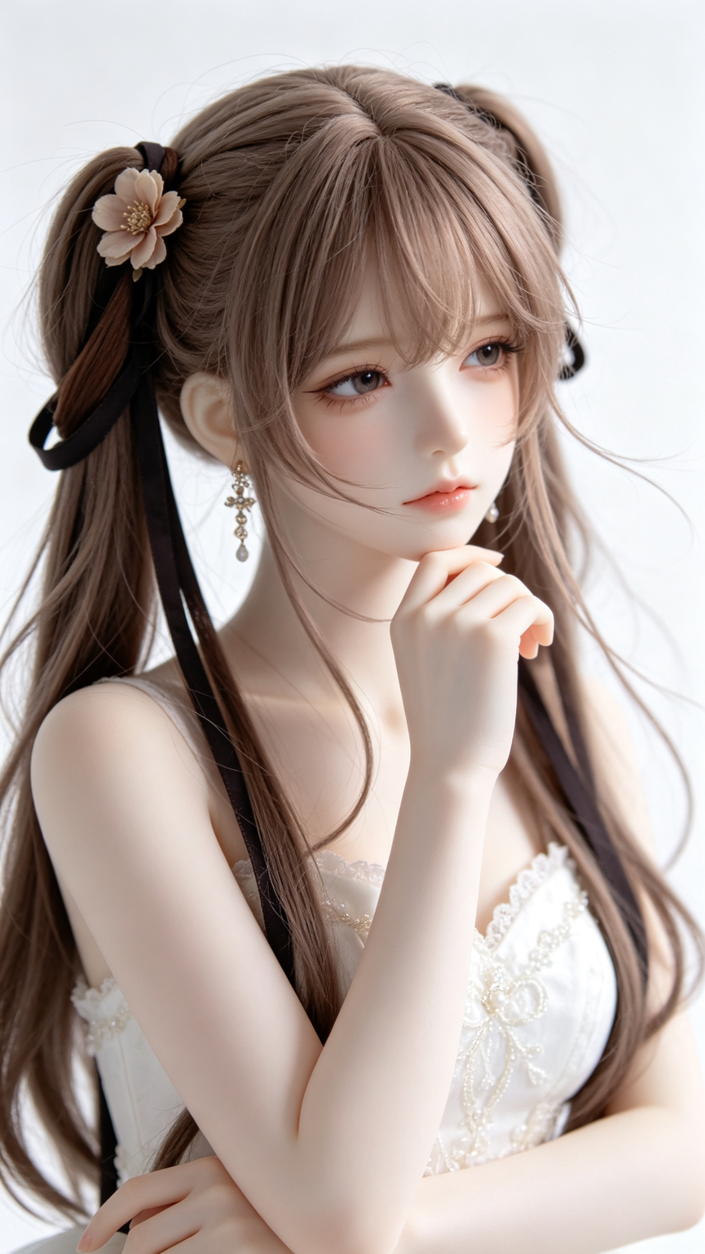 真人扮演，打造出氛围感强烈且神秘的画面。长头发的软妹，软萌可爱，娃娃脸尽显青春活力，同时带有冷清忧郁的伪bjd风格。她穿着洛丽塔cos服，在纯白色的背景衬托下，模糊不清的画面效果更增添了一份独特的韵味。棕色的头发。边上… - AI提示词参考图，来自西西提示词