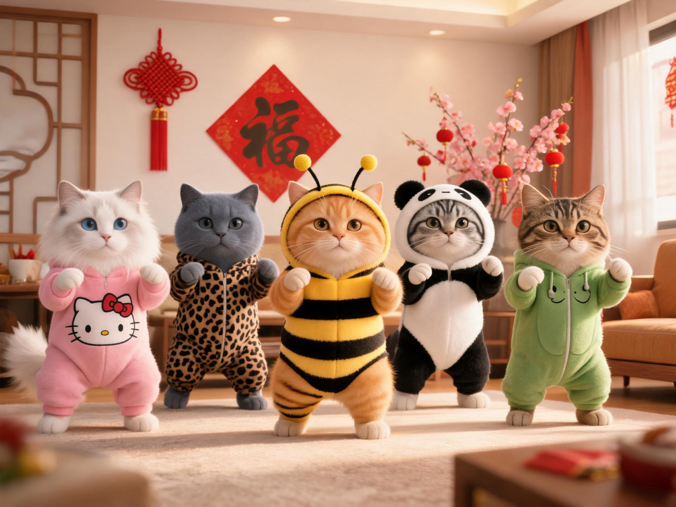 五只可爱的拟人化猫咪 ，品种包含布偶猫，英短，橘猫，美短，狸花猫，体态圆润蓬松，穿着新年主题可爱衣服，中间一只穿着黄黑条纹蜜蜂连体衣带触角头套，左边第一只猫咪穿着粉色hellp.kitty连体服，左边第二只猫咪穿着黑色… - AI提示词参考图，来自西西提示词